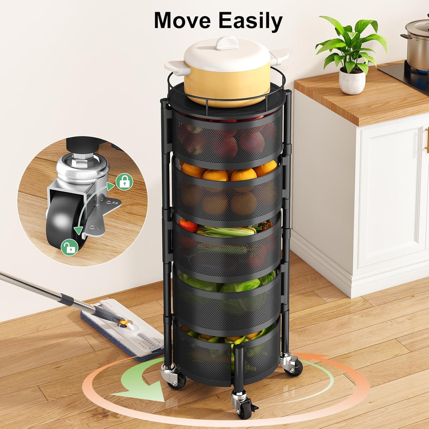 Fruit Vegetable Basket for Kitchen, Rotating Storage Rack, 5 Tier Rolling Cart with top lid