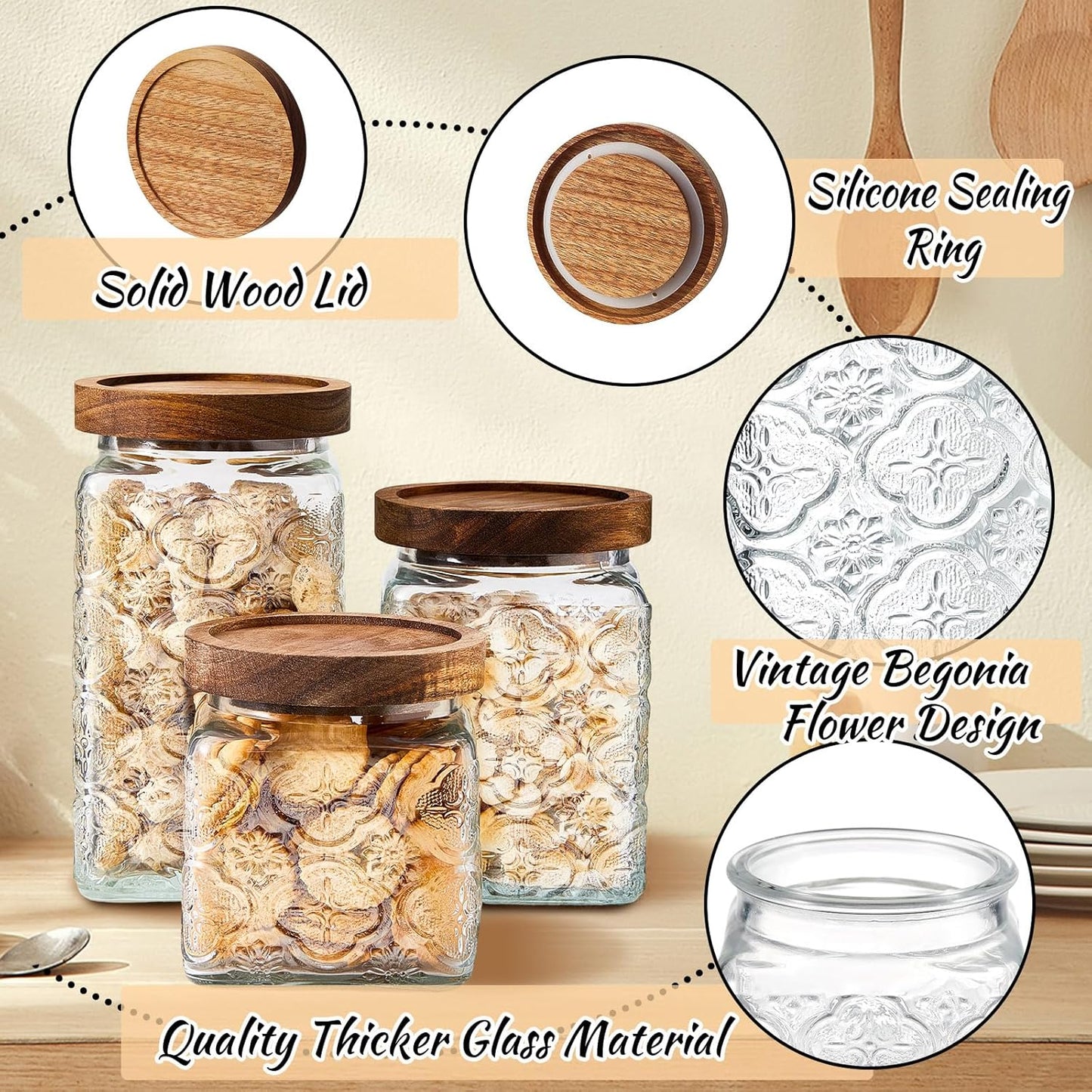 5 Pcs Vintage Glass Food Storage Containers 17/24/34 oz Glass Jar with Lid Airtight Candy Food Canisters for Kitchen Counter Pantry Coffee Beans(Clear,Begonia Square)