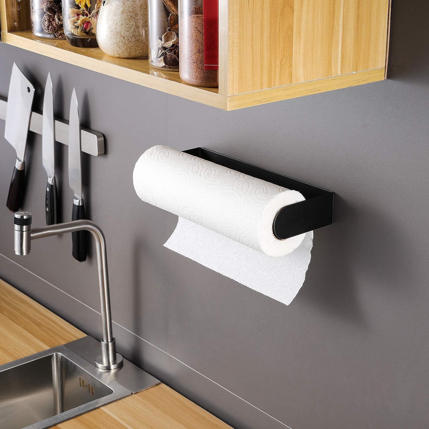 Black Paper Towel Holder Wall Mount - Under Cabinet Self Adhesive Paper Towel Rack for Kitchen