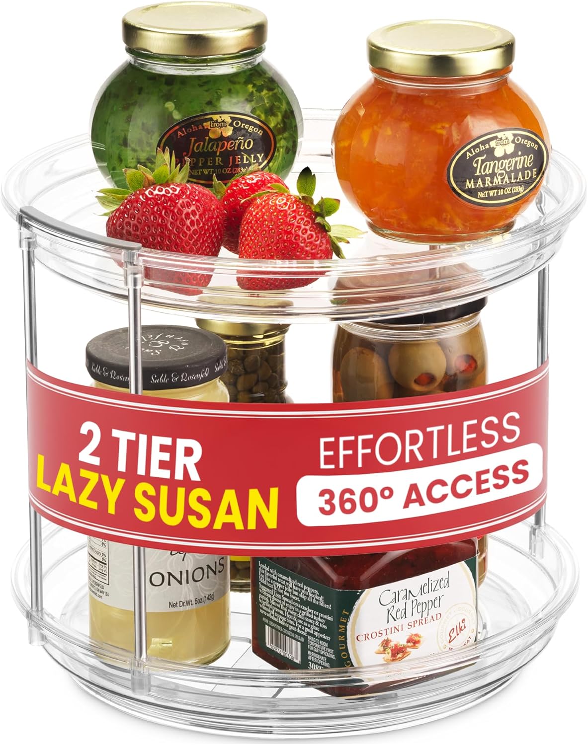 2 Tier Lazy Susan Organizer for Cabinet, Clear Acrylic Rotating Spice Rack Turntable for Kitchen