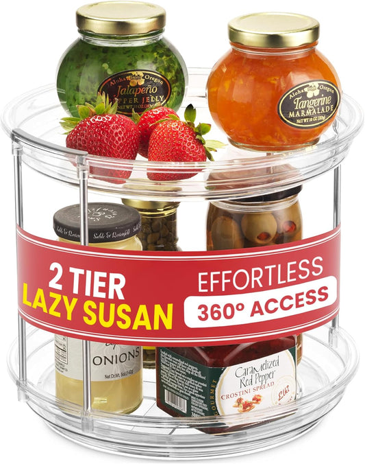 2 Tier Lazy Susan Organizer for Cabinet, Clear Acrylic Rotating Spice Rack Turntable for Kitchen