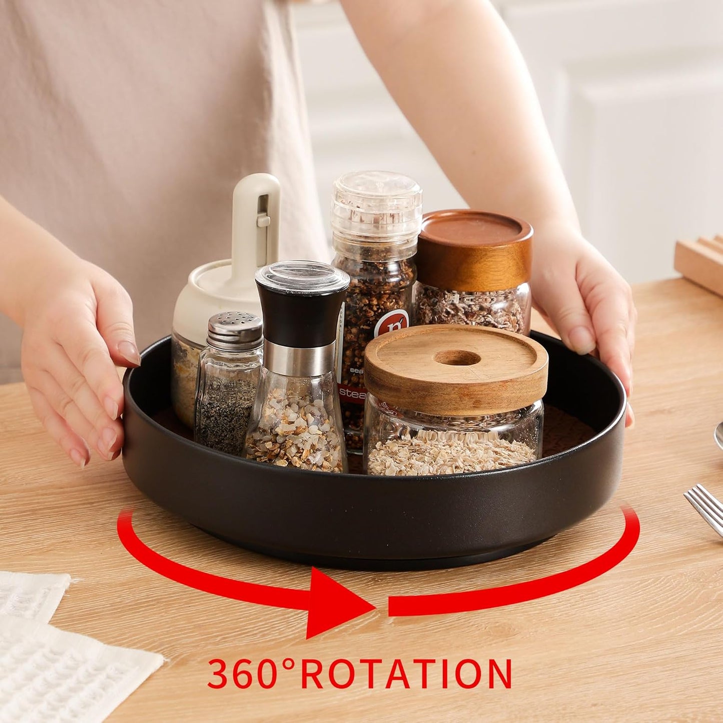 Non-Slip Rotating Lazy Susan Turntable, 360-Degree Swivel, Black with Textured Surface (Black