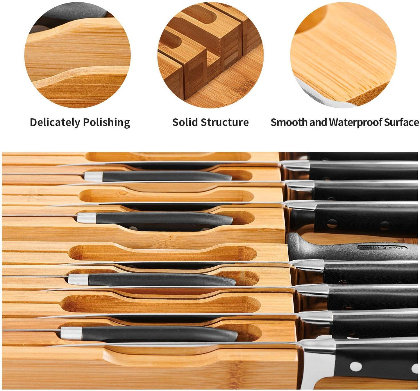 In-Drawer Knife Block,Bamboo Knife Drawer Organizer Insert