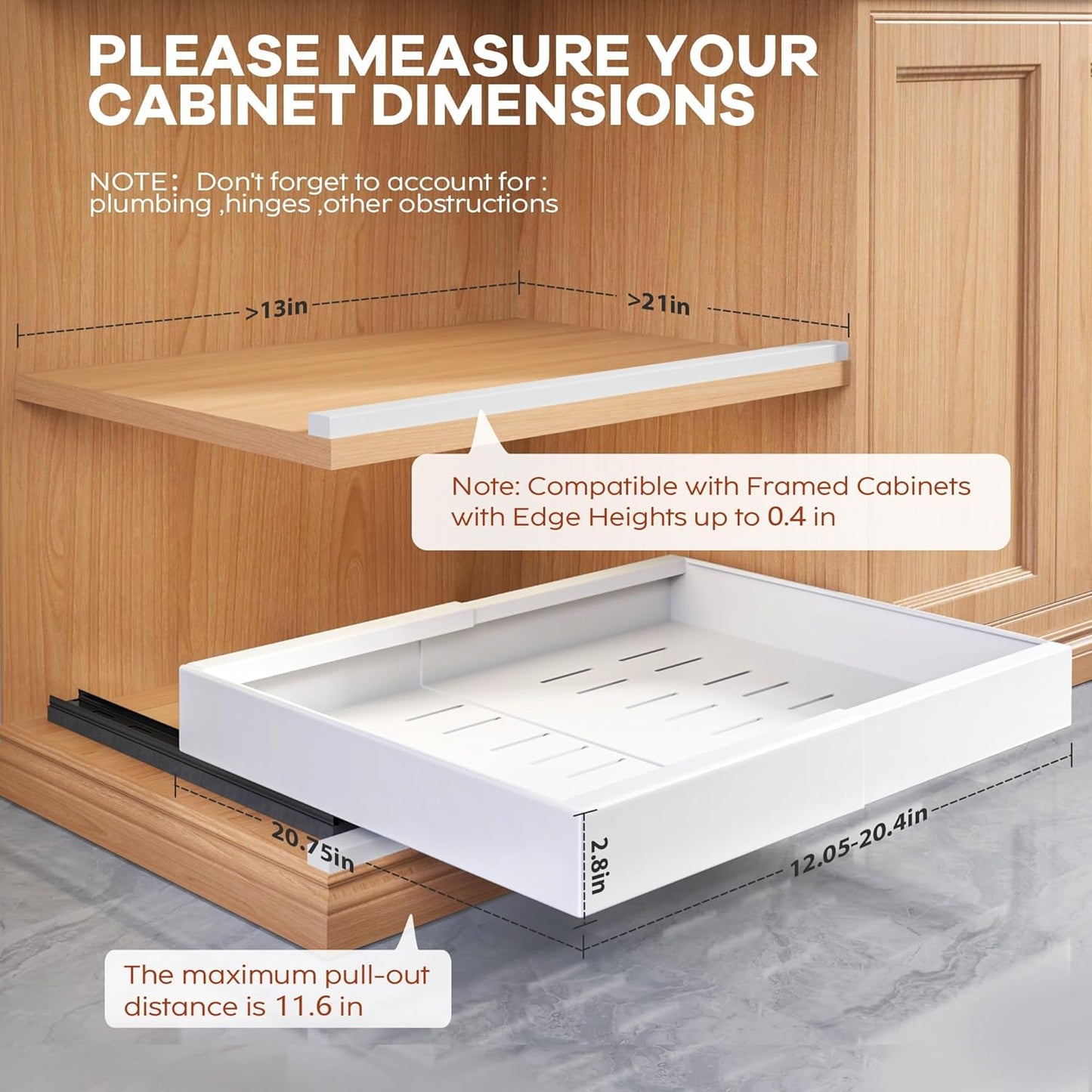 2Pack Expandable Pull Out Cabinet Organizer 21"Deep With Raising Pad for Framed Cabinets