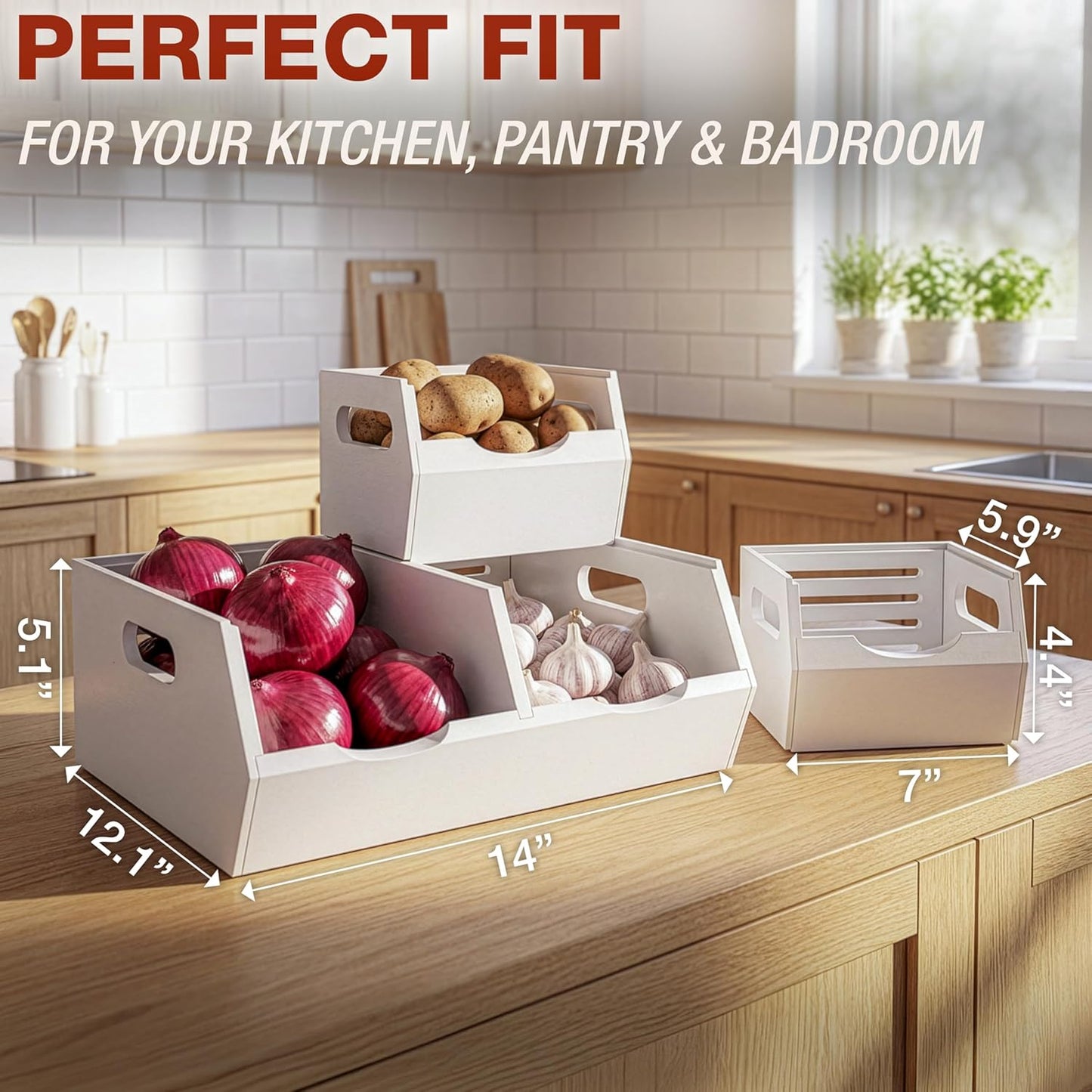 Stackable Solid Wood Storage Bins for Kitchen Pantry & Countertop