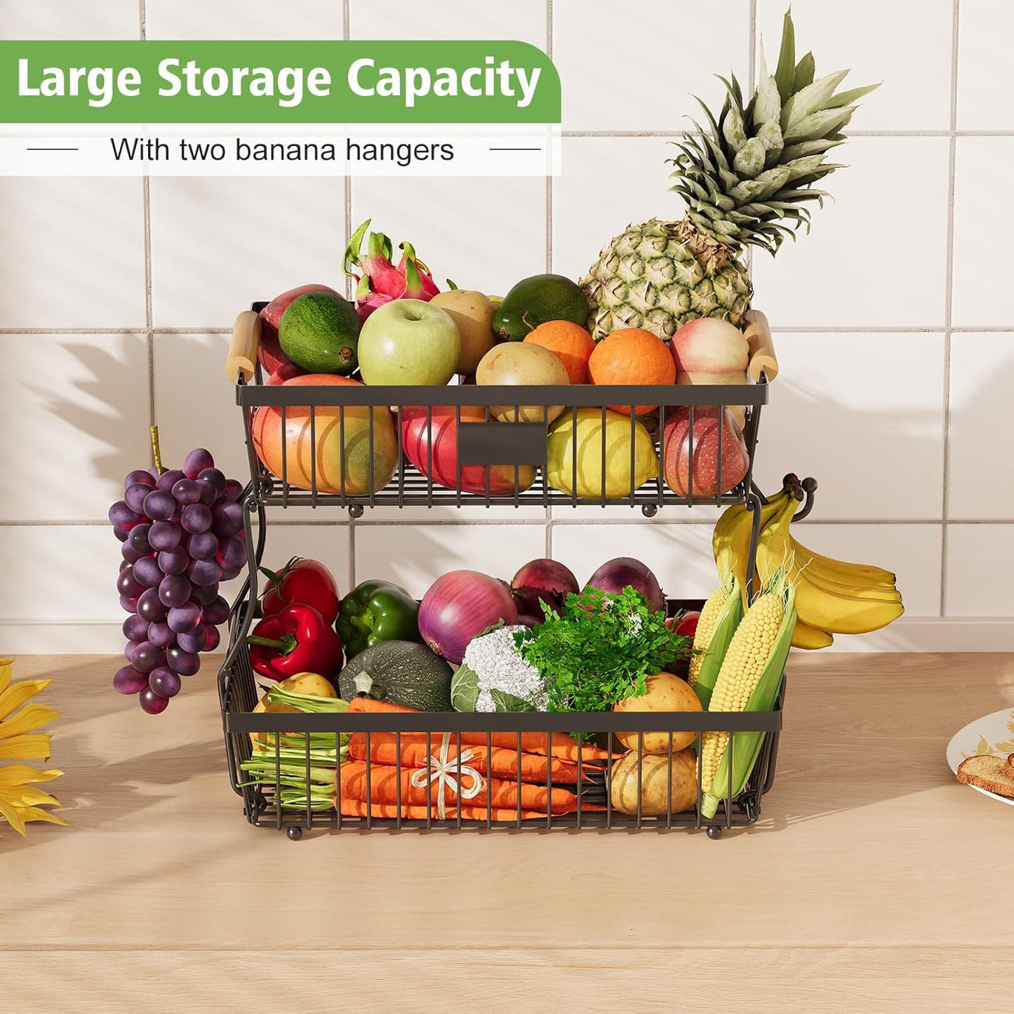2 Tier Fruit Basket for Kitchen Counter with 2 Banana Hangers