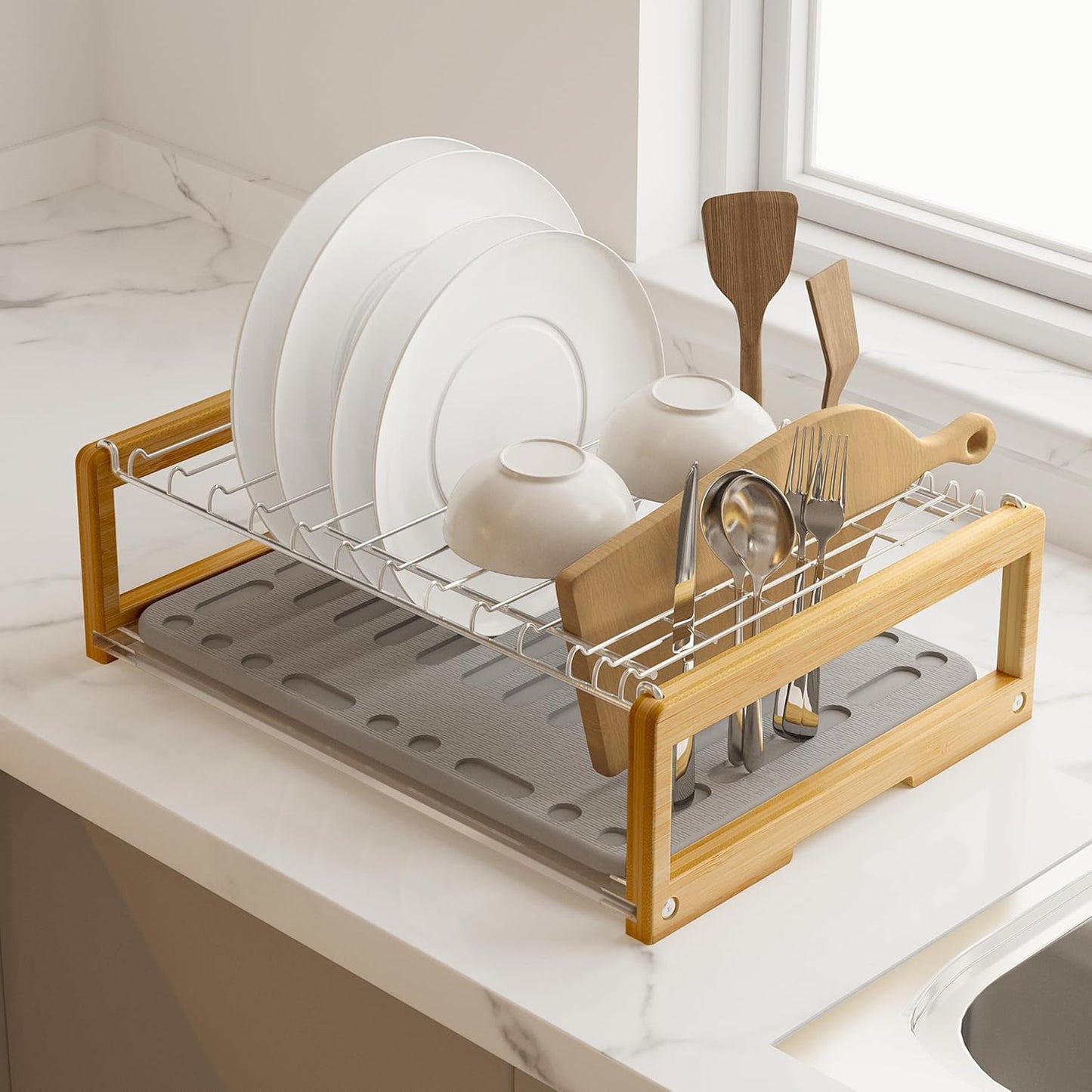 Stone Dish Drying Mat with Stainless Steel Dish Rack