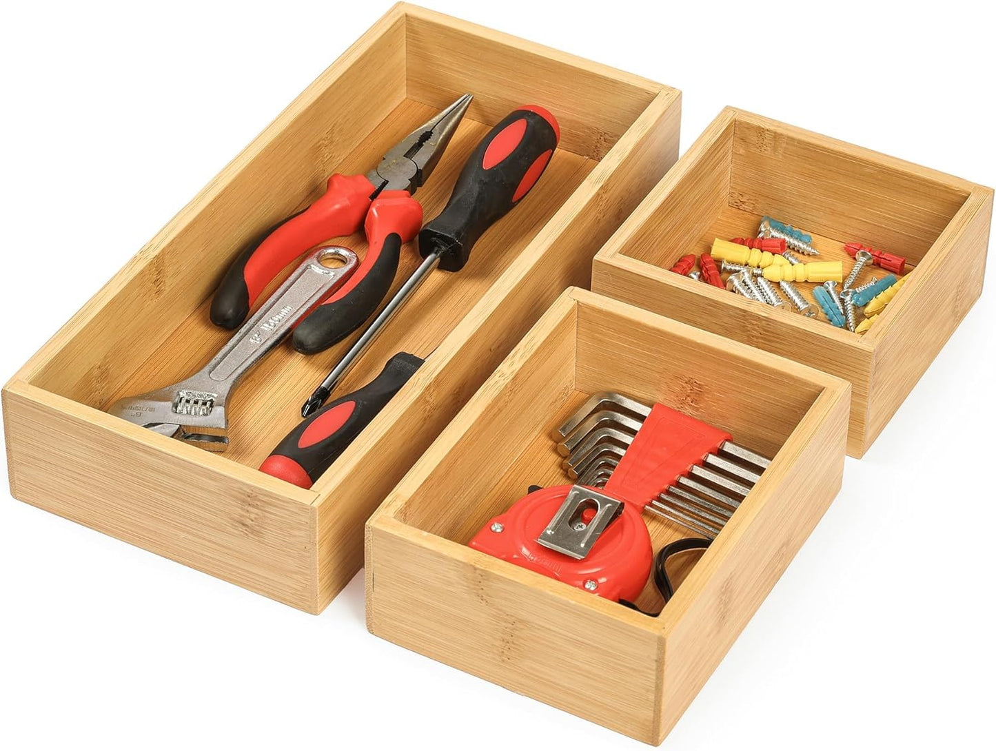 Bamboo Drawer Organizers Set, 3PCS Multi-Use Wood Storage Organizers, Desk Drawer Tray for Kitchen