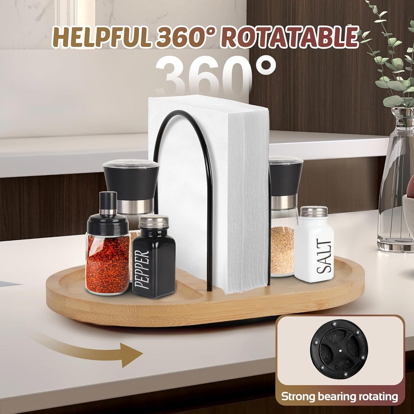 Rotating Napkin Holder for Table with Built-In Space for Salt and Pepper Shakers