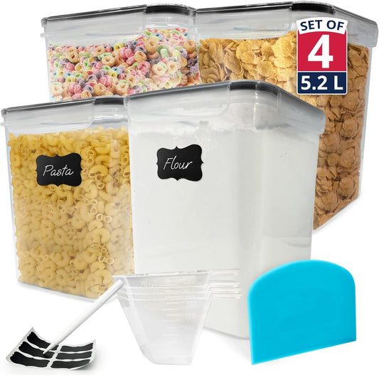 5.2L Airtight Food Storage Containers with Lids (4 Sets) | Kitchen Organizers and Storage Pantry Organizers | BPA Free Plastic Container Set w/ 4 Measuring Cups, Dough Scraper, 6 Labels, Pen