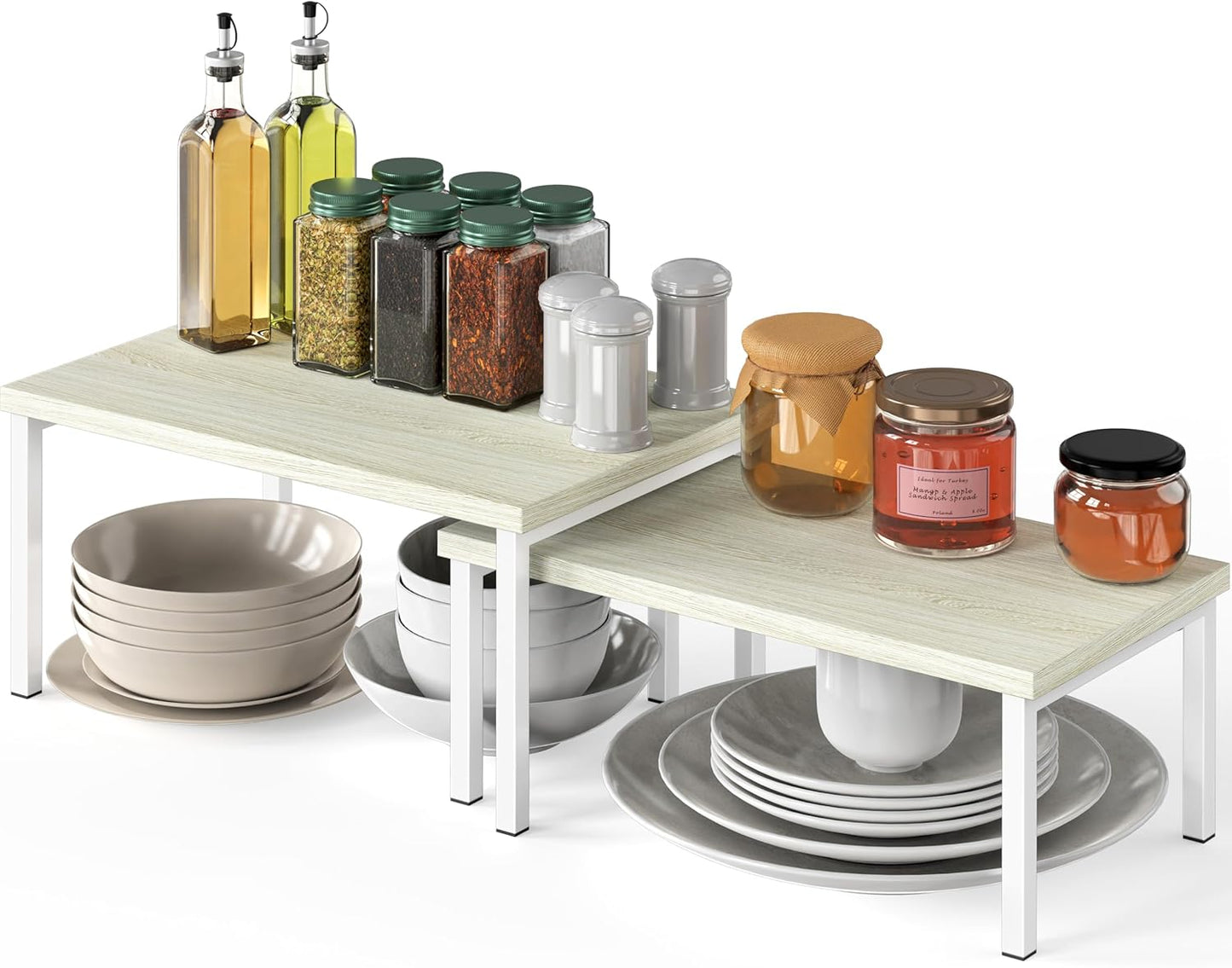 Expandable Stackable Cabinet and Counter Shelf Organizer with Wooden Surface