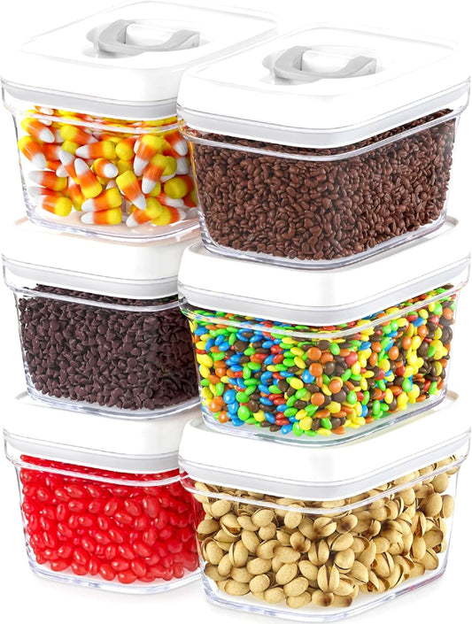 Airtight Food Storage Containers with White Lids – 0.4L 6 Pc Clear Plastic Kitchen canisters Pantry Organization for Spices, Candy, Nuts, BPA-Free, Keeps Food Fresh & Dry