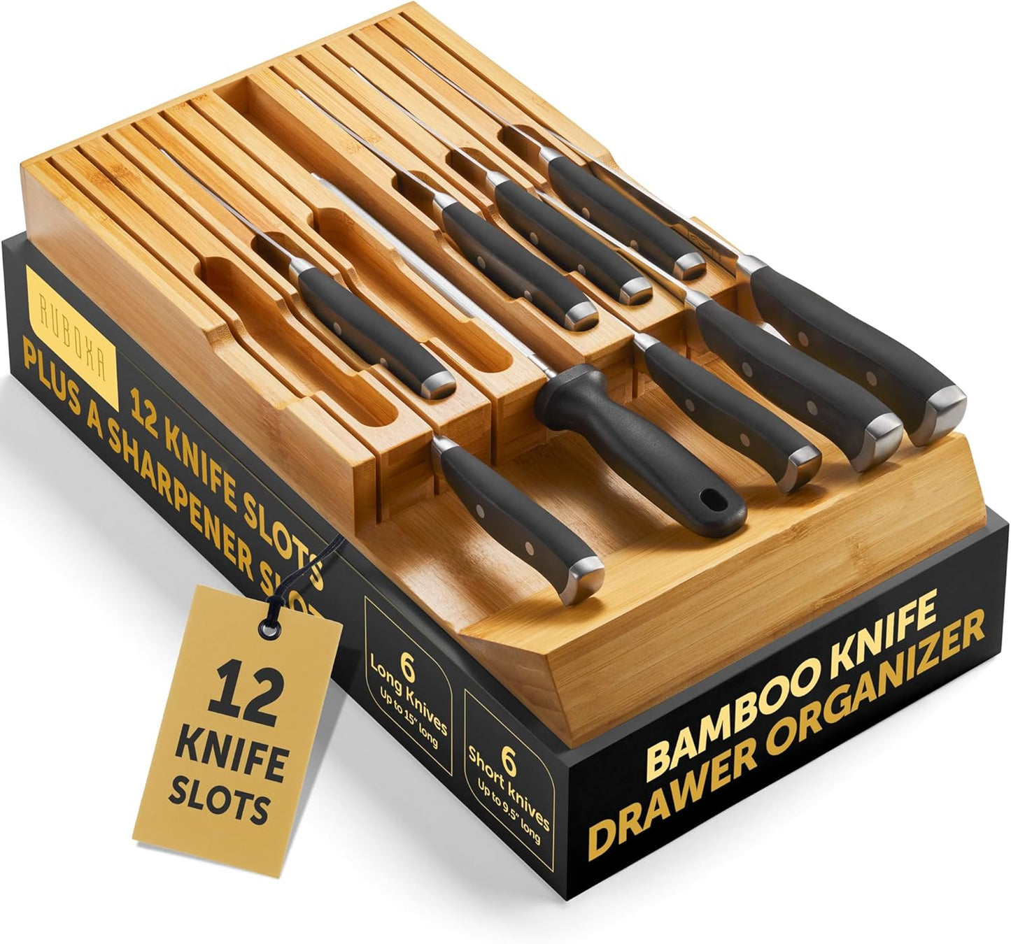 High-Grade 100% Bamboo Knife Drawer Organizer - 12 Slots Plus Sharpener, Secure, Practical