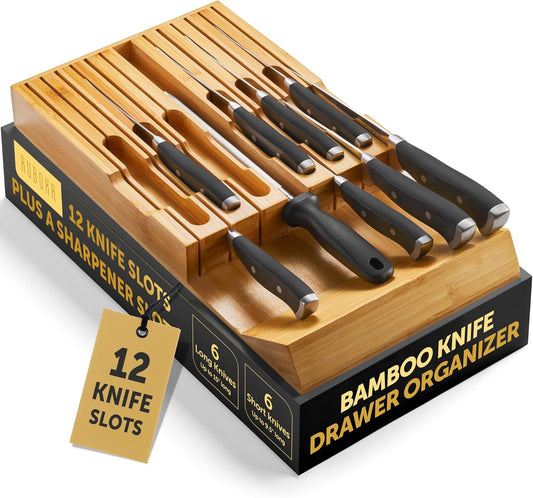 High-Grade 100% Bamboo Knife Drawer Organizer - 12 Slots Plus Sharpener, Secure, Practical