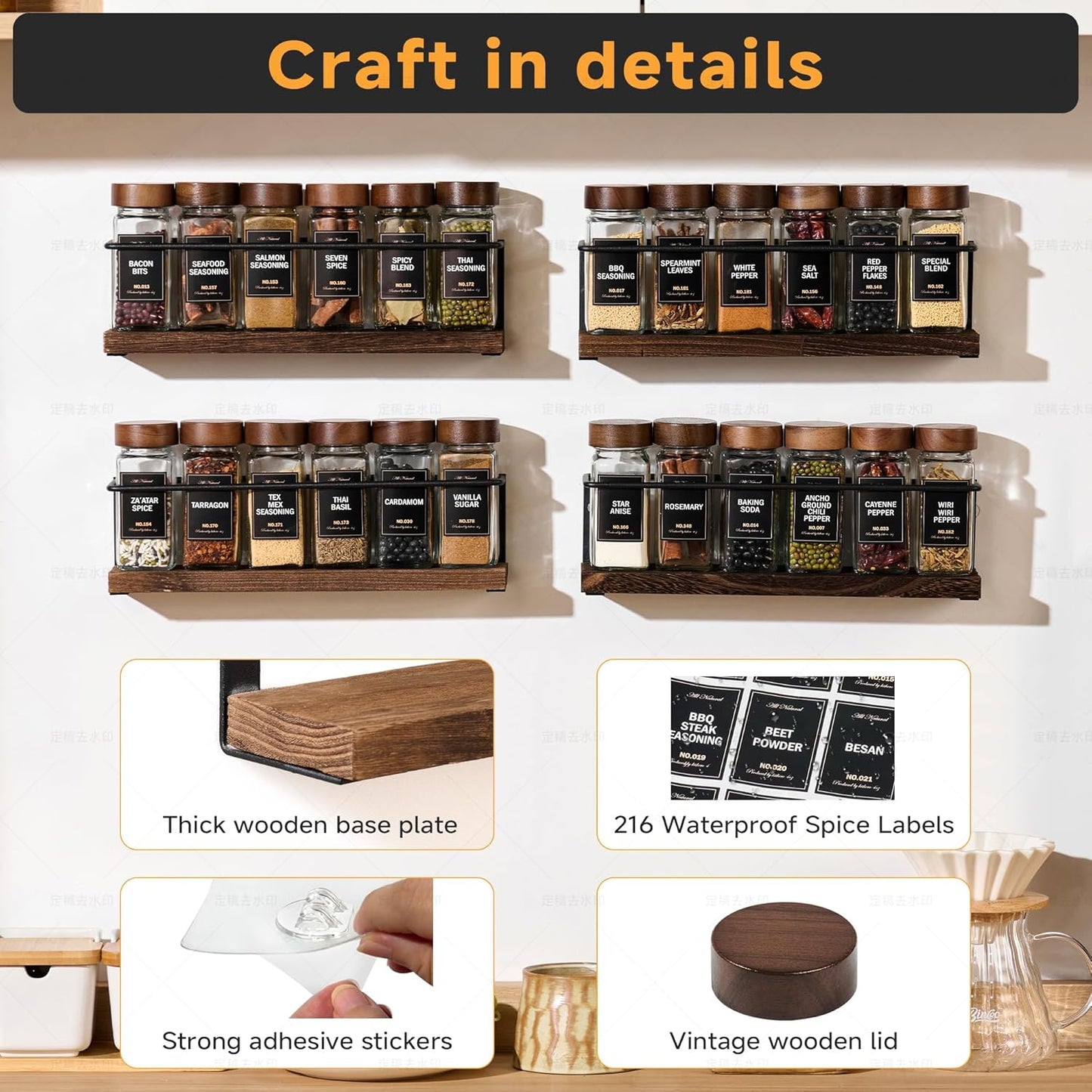 4-Tier Wall Mount Spice Rack Organizer with 24 Glass Jars
