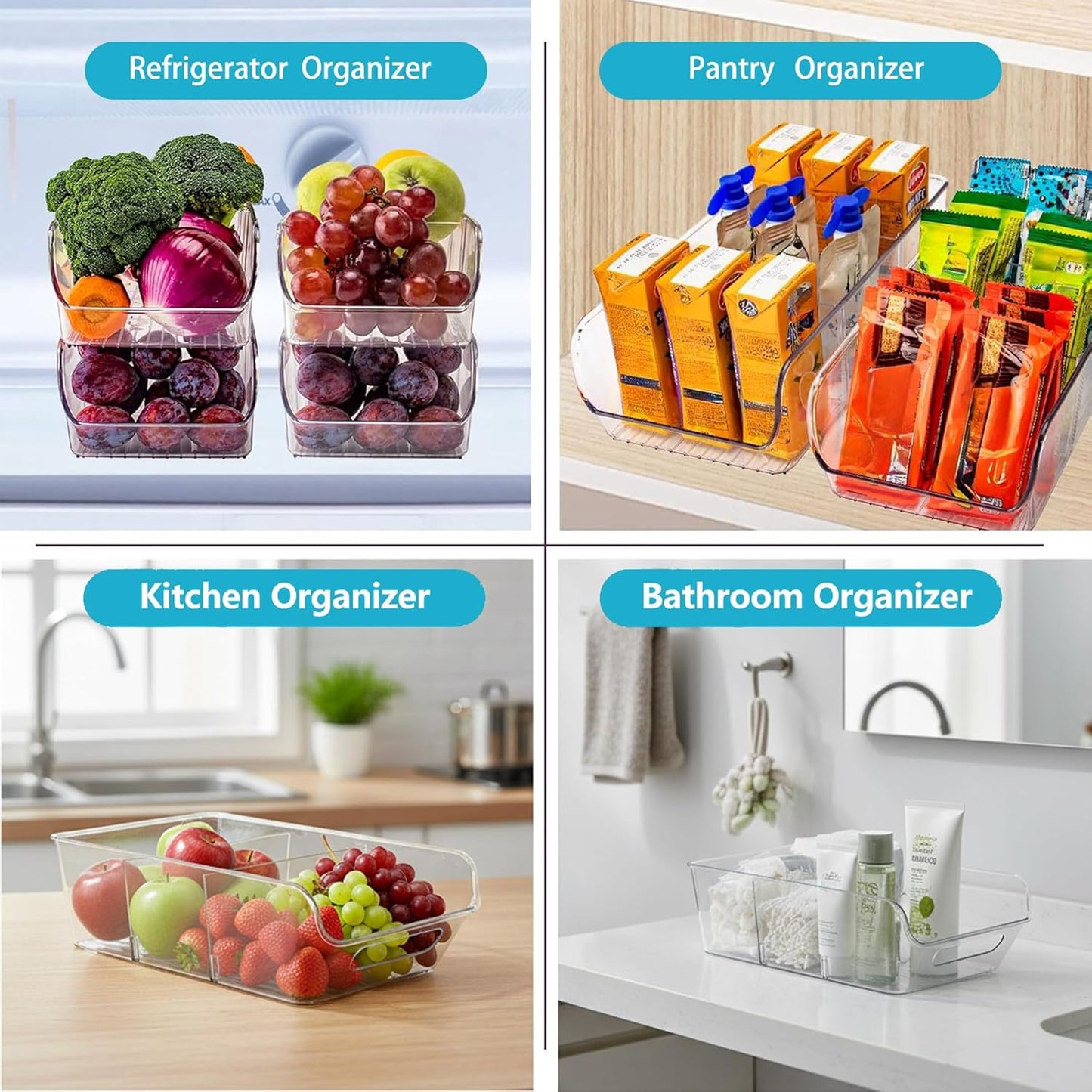 2 Pack Pantry Organizers,Clear Plastic Containers with 2 Dividers for Kitchen,Fridge,Drawer Organization and Storage,Acrylic organizer Bins for Tea Bag,Spice Packet,Snack