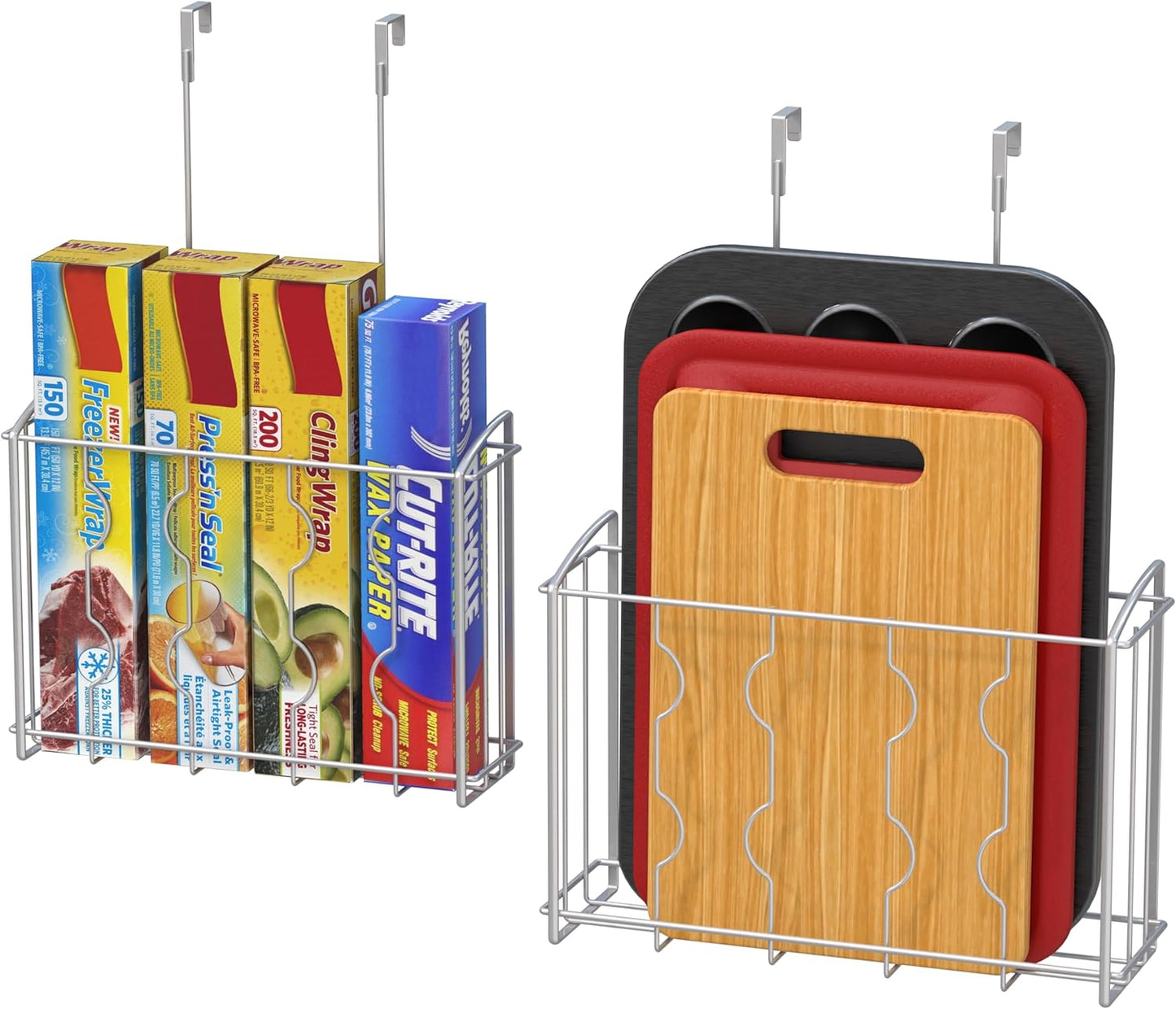 Over the Cabinet Door Organizer Holder 2 Pack 13.5" Wx4.25 Dx18.5 H and 12.5" Wx3.6 Dx18.5 H Silver