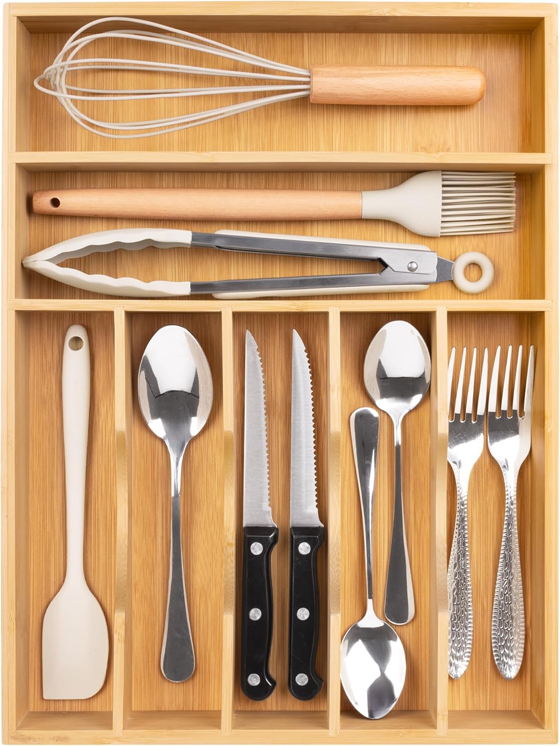 Natural Utensil Organizer 12.5 Inch Silverware Organizer for Drawer Utensil Holder Cutlery Organizer Kitchen Drawer Organizer 7 Compartment Small Narrow Bamboo