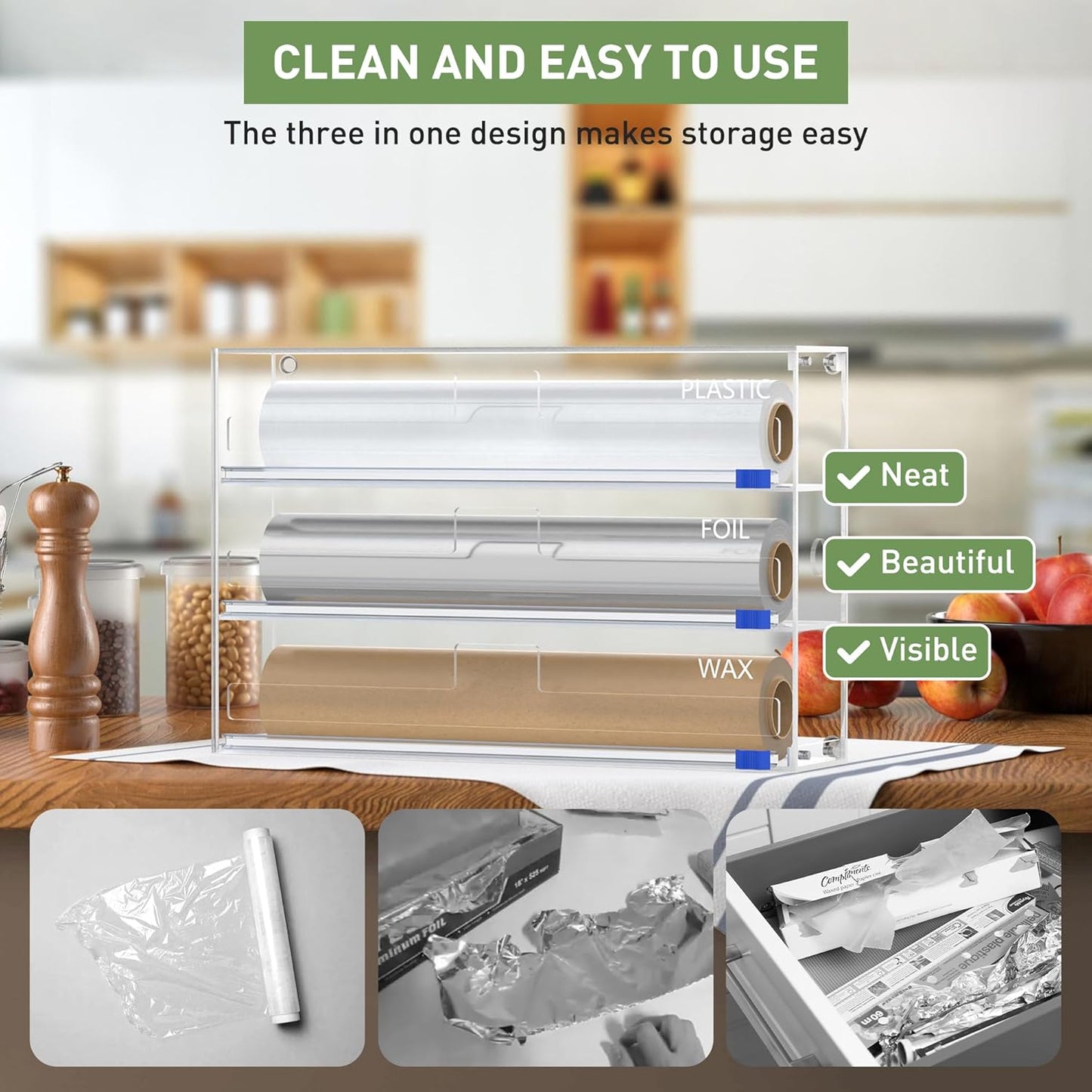 Kitchen Wrap Organizer, Foil and Plastic Wrap Organizer 3 in 1 with Sliding Cutter