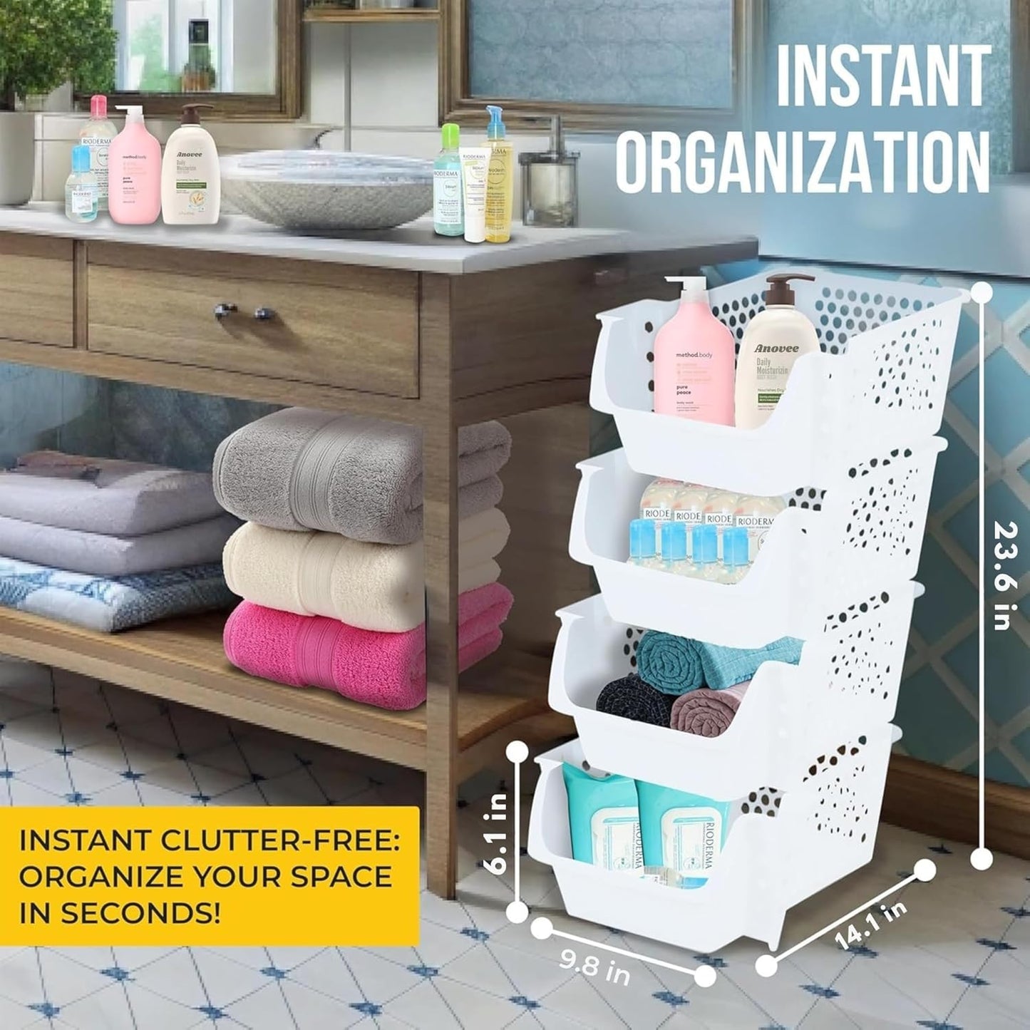 TidyFriend Stackable Storage Bins for Pantry, 4 Pack Stackable Bins For Organizing Food, Kitchen