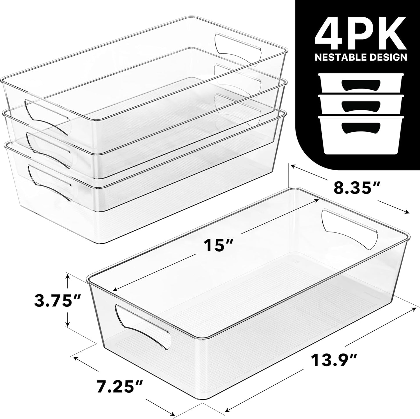 4 Pcs Kitchen Clear Bin Storage Organizer, 15" x 8" x 3.75"