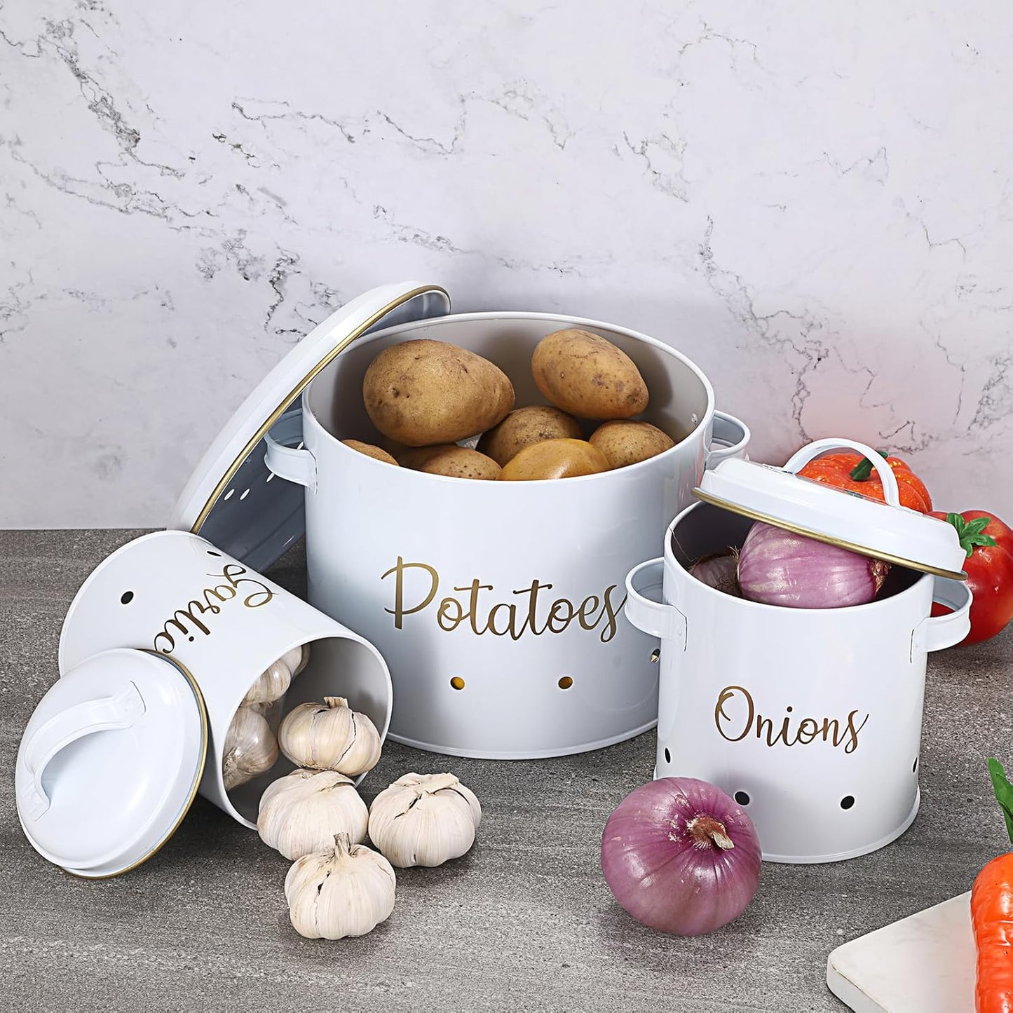 Set of 3 Potato Onion Garlic Storage Bins Vegetable Containers Food Containers for Kitchen Counter