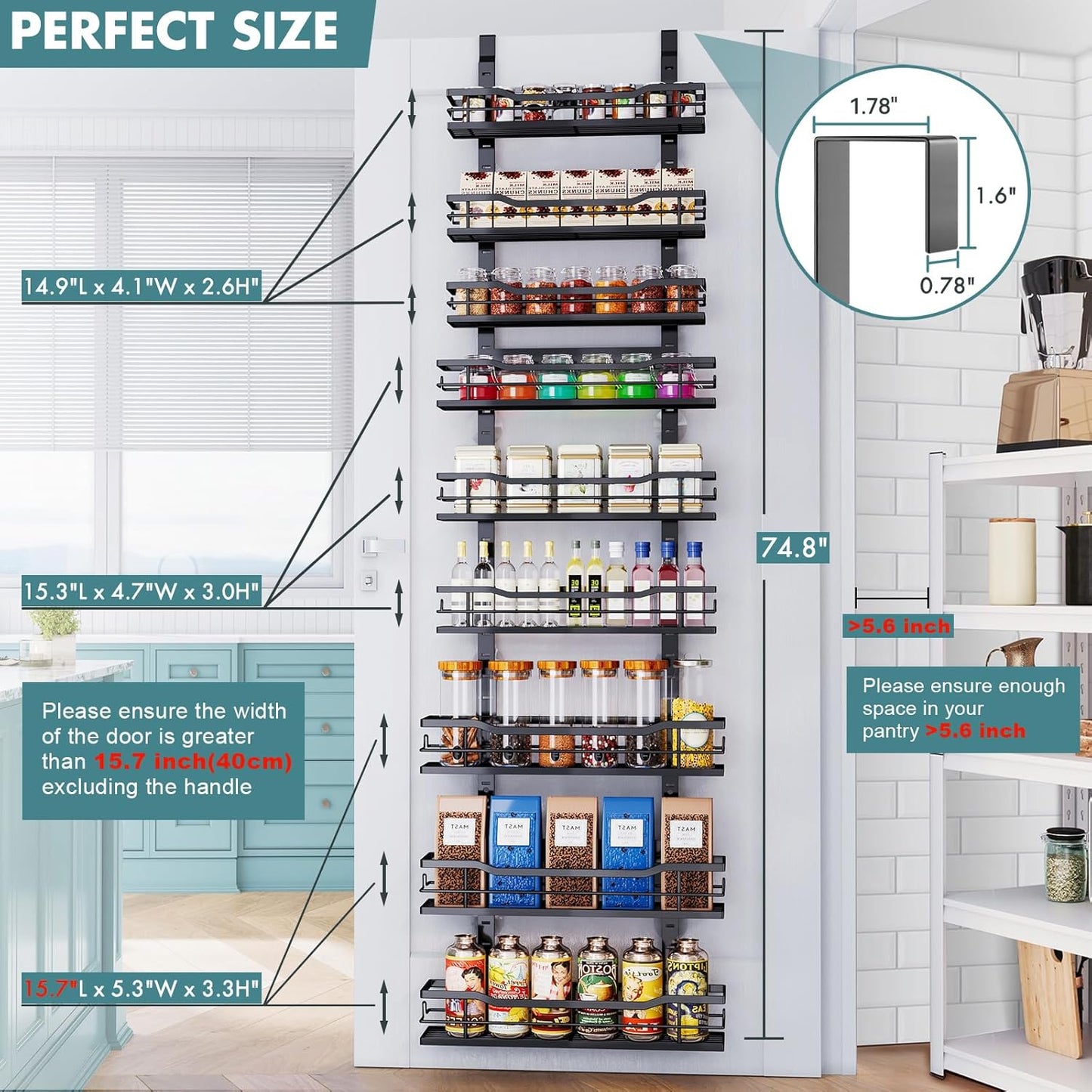 Over The Door Pantry Organizer，9-Tier Over The Door Organizer with Adjustable Basket，Metal Hanging Pantry Organizers and Storage for Kitchen, Back of Door Seasoning Rack (Black)
