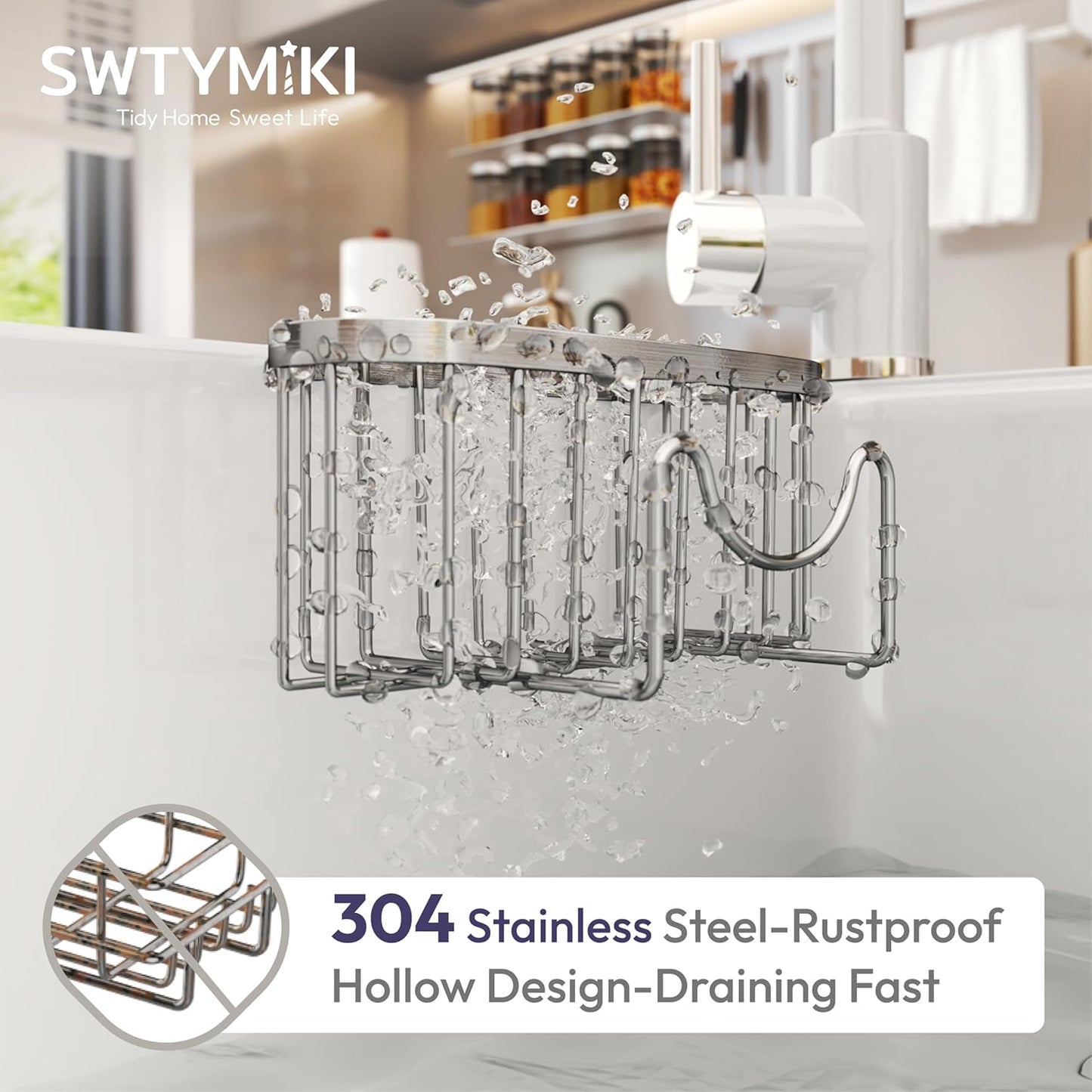 Sponge Holder for Kitchen Sink - Movable Kitchen Caddy with M Shape Hook