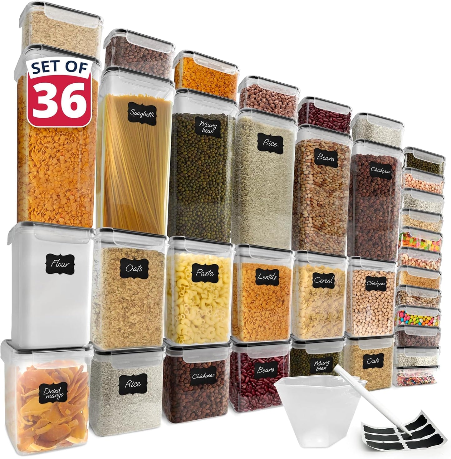 Airtight Food Storage Containers with Lids (36 Sets) | Kitchen Organizers and Storage Pantry Organizers | BPA Free Plastic Food Containers | Ultra Variety Pack w/Measuring Cup, 42 Labels, Pen