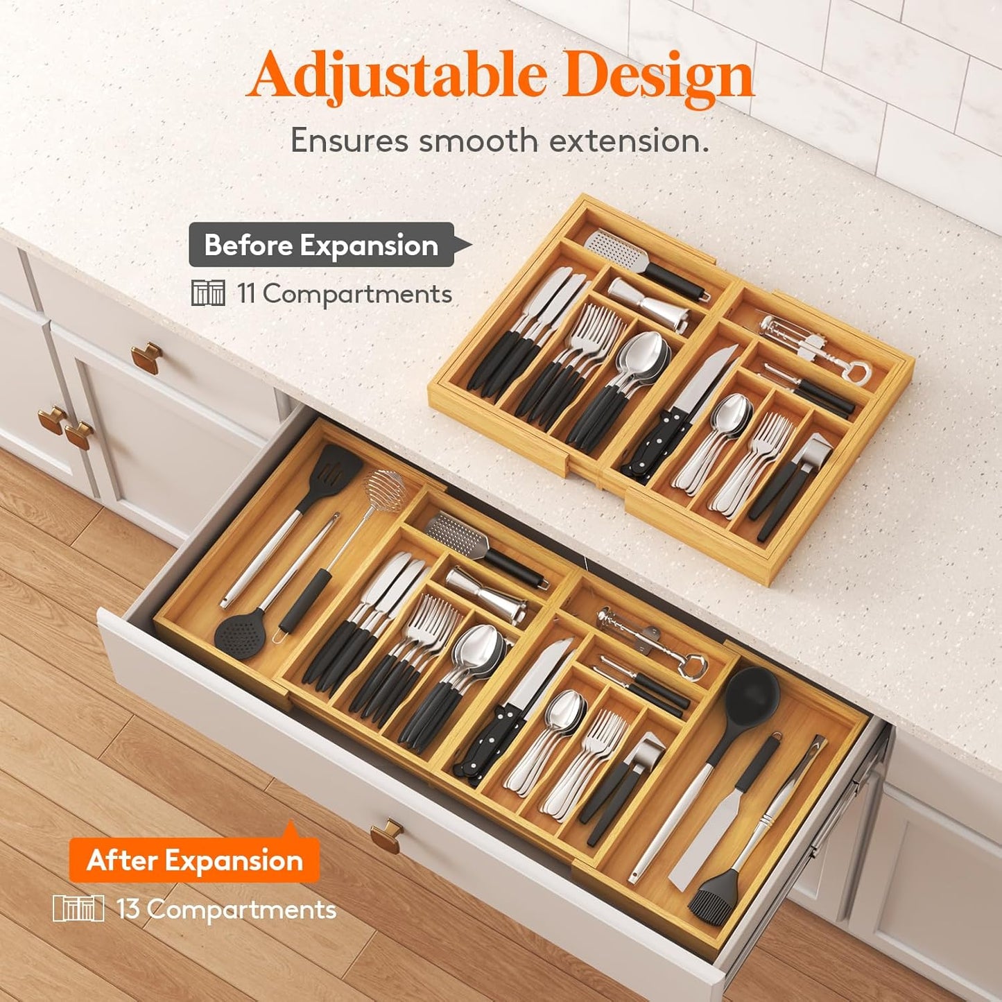 Large Silverware Drawer Organizer, Expandable 21.4 to 36 Inches Wide
