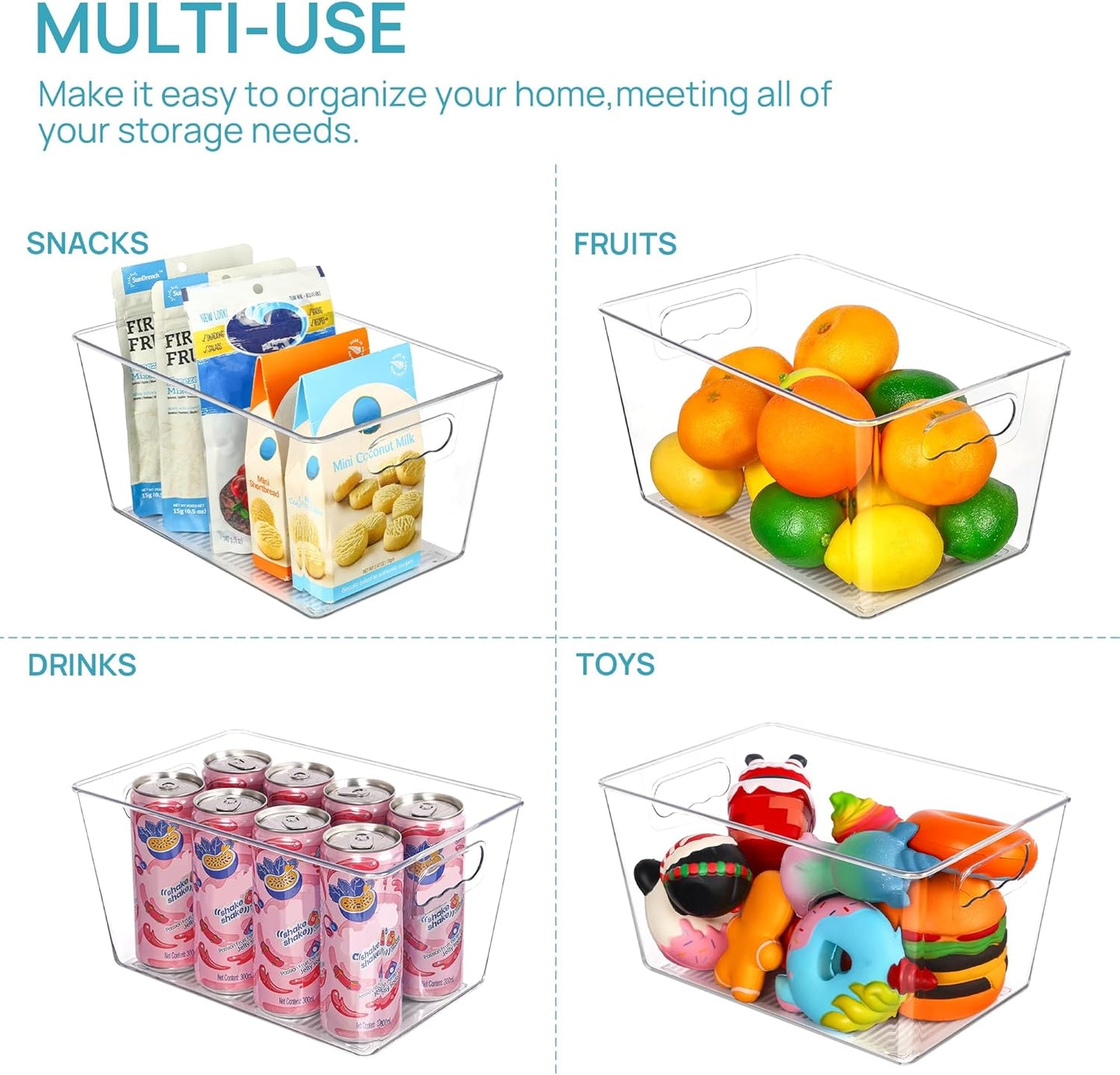 Clear Plastic Storage Bins, 6 PCS Pantry Organizer Bins with Handle for Refrigerator, Fridge