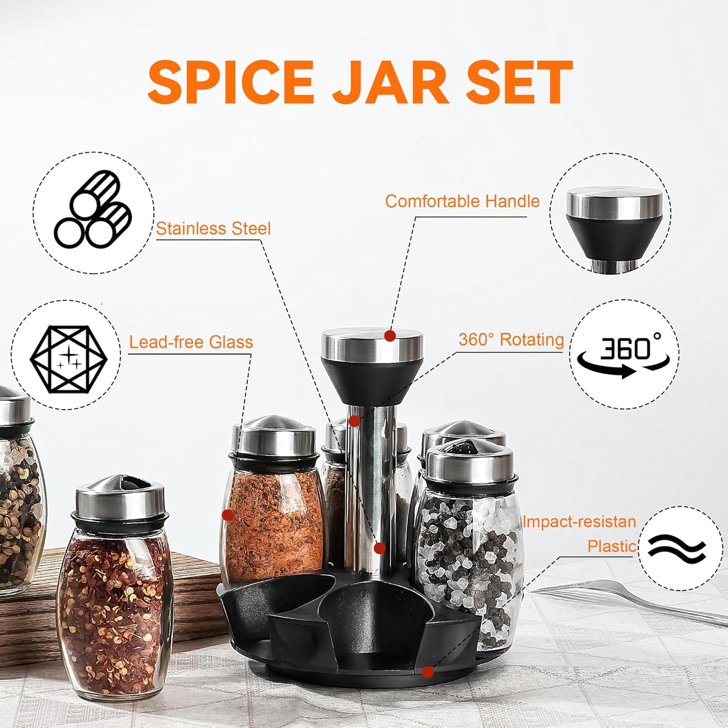 6PC Spinning Glass Spice Jars - 360° Rotating Spice Rack Organizer with Jars
