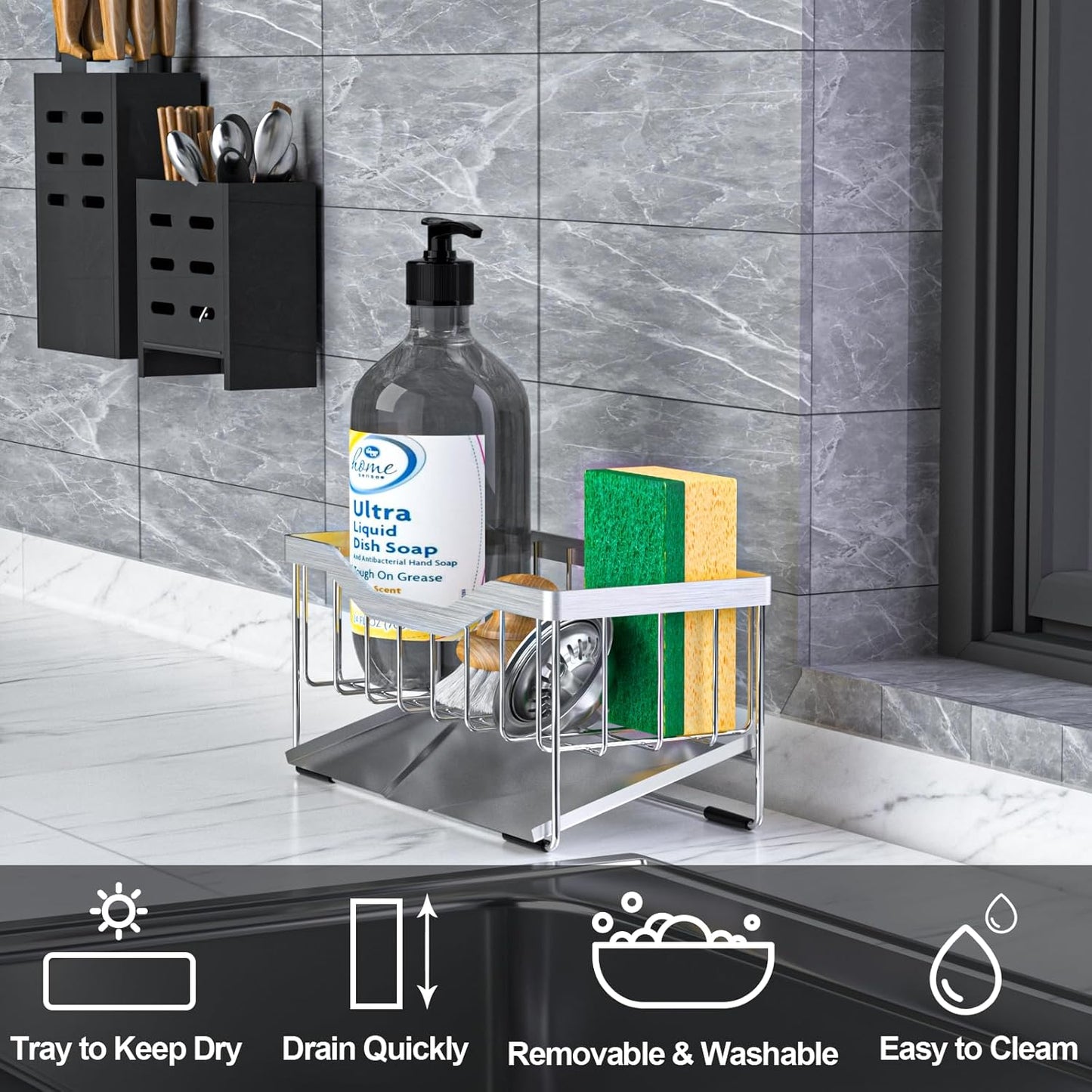 Sponge Holder for Kitchen Sink with Auto Draining Tray, Sink Caddy Kitchen Sink Cocina Organizer