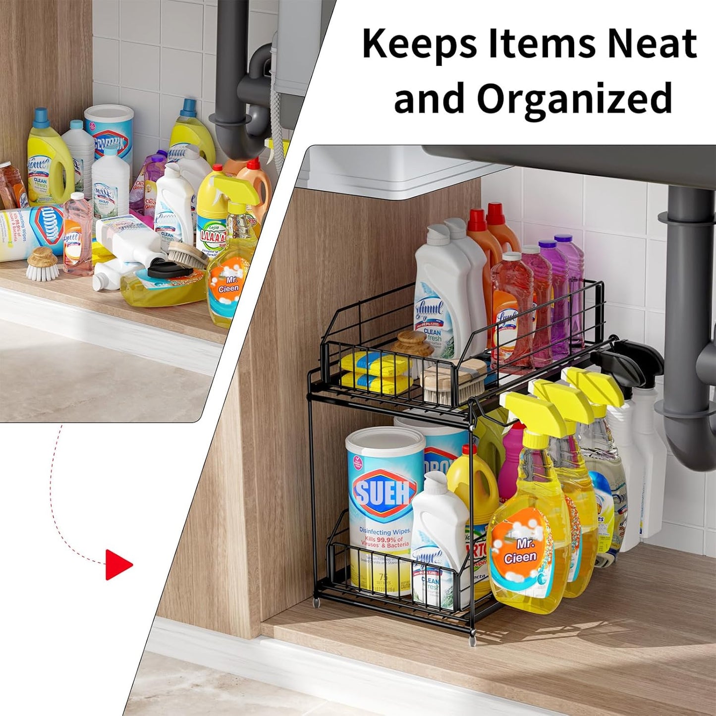 Under Sink Organizer, 2 Tier Bathroom Cabinet Organizer Metal Kitchen Sink Organzier with Hanging Rail for Kitchen Bathroom Organization and Storage, 1 Pack