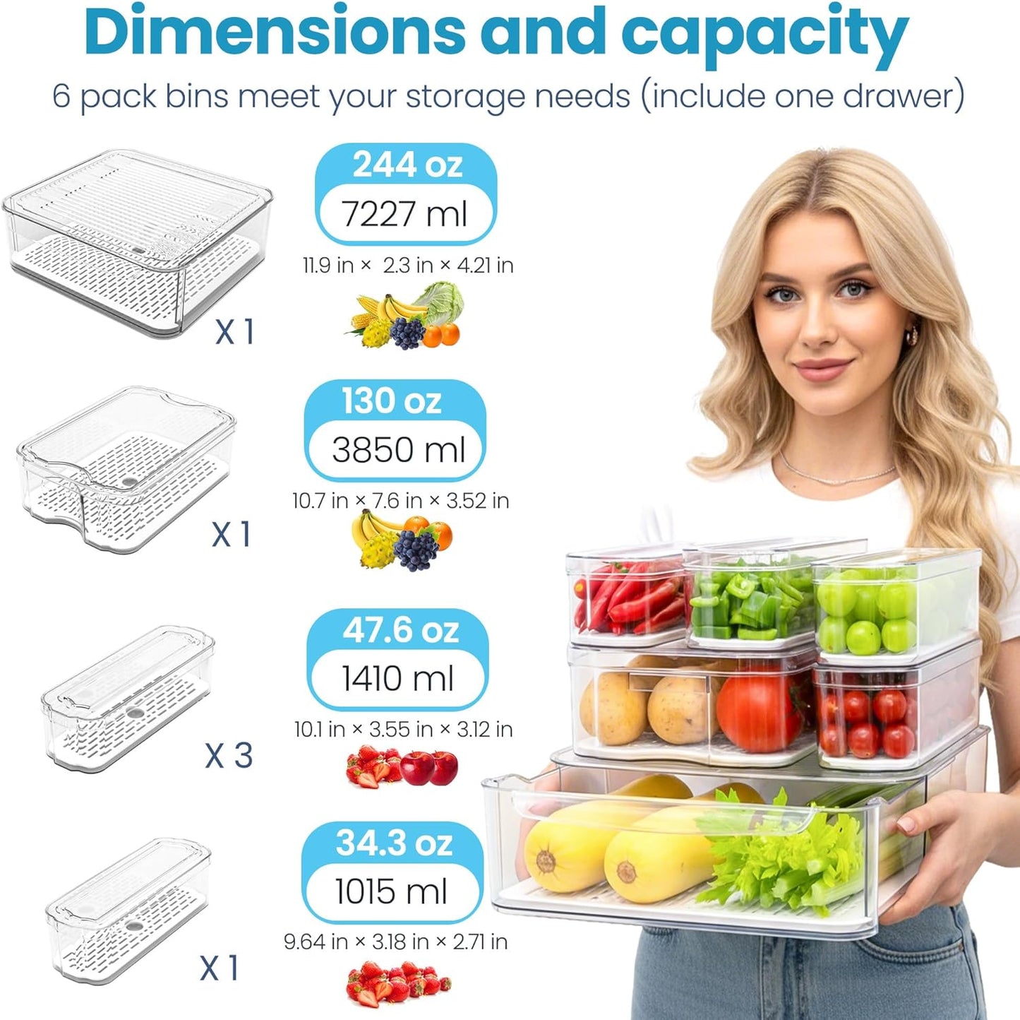 6 Pack Refrigerator Organizers, Clear Pull-out Drawer Container and Organizer Bins with Lids