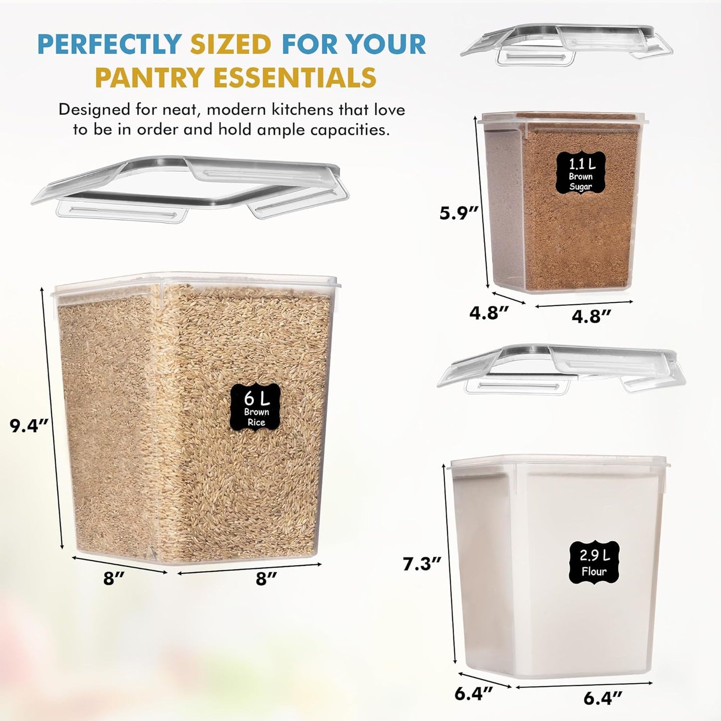 Flour Sugar Storage Containers Set of 3 (6L, 2.9L