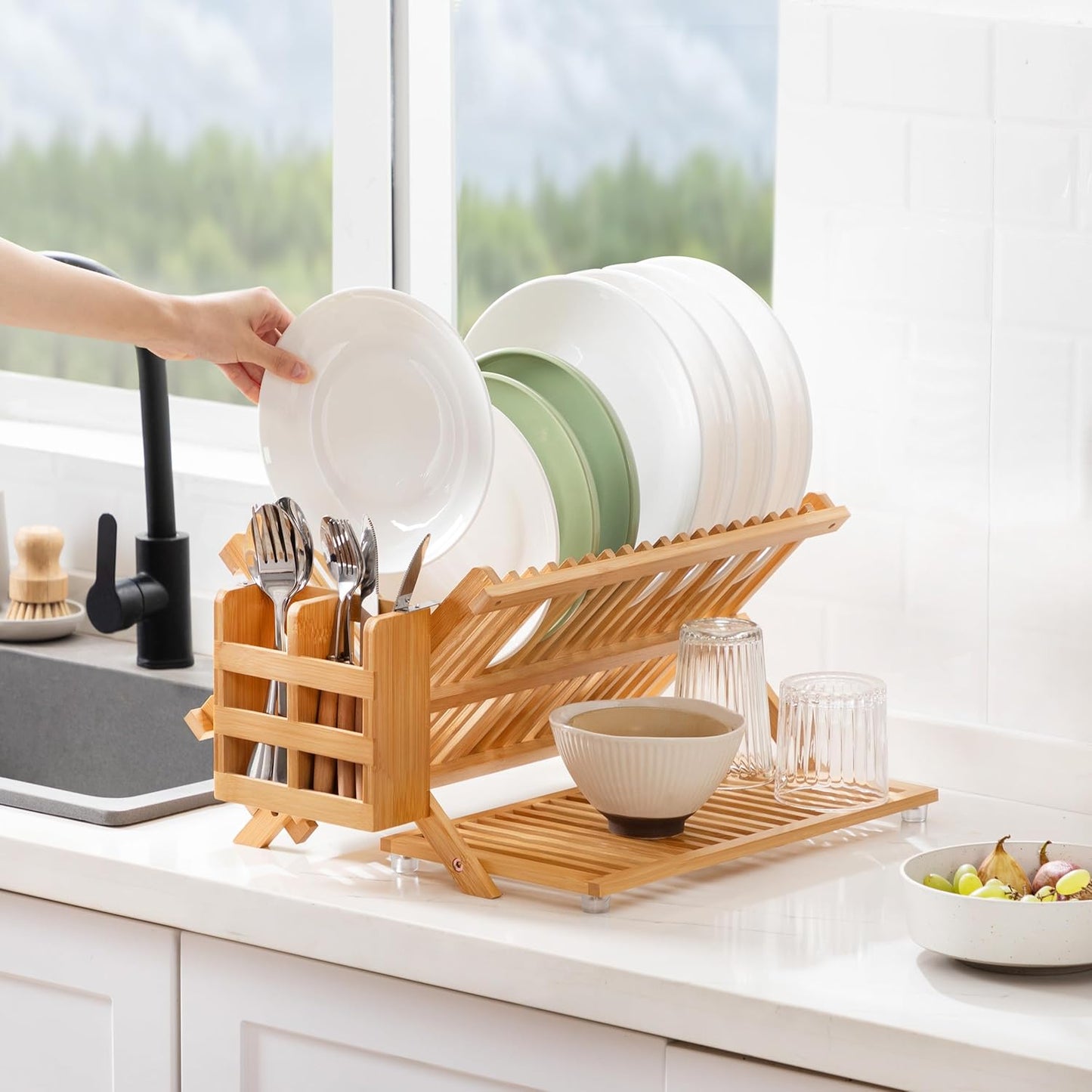 Bamboo Dish Drying Rack with Utensil Holder, 3 Tier Collapsible Dish Rack for Kitchen Counter
