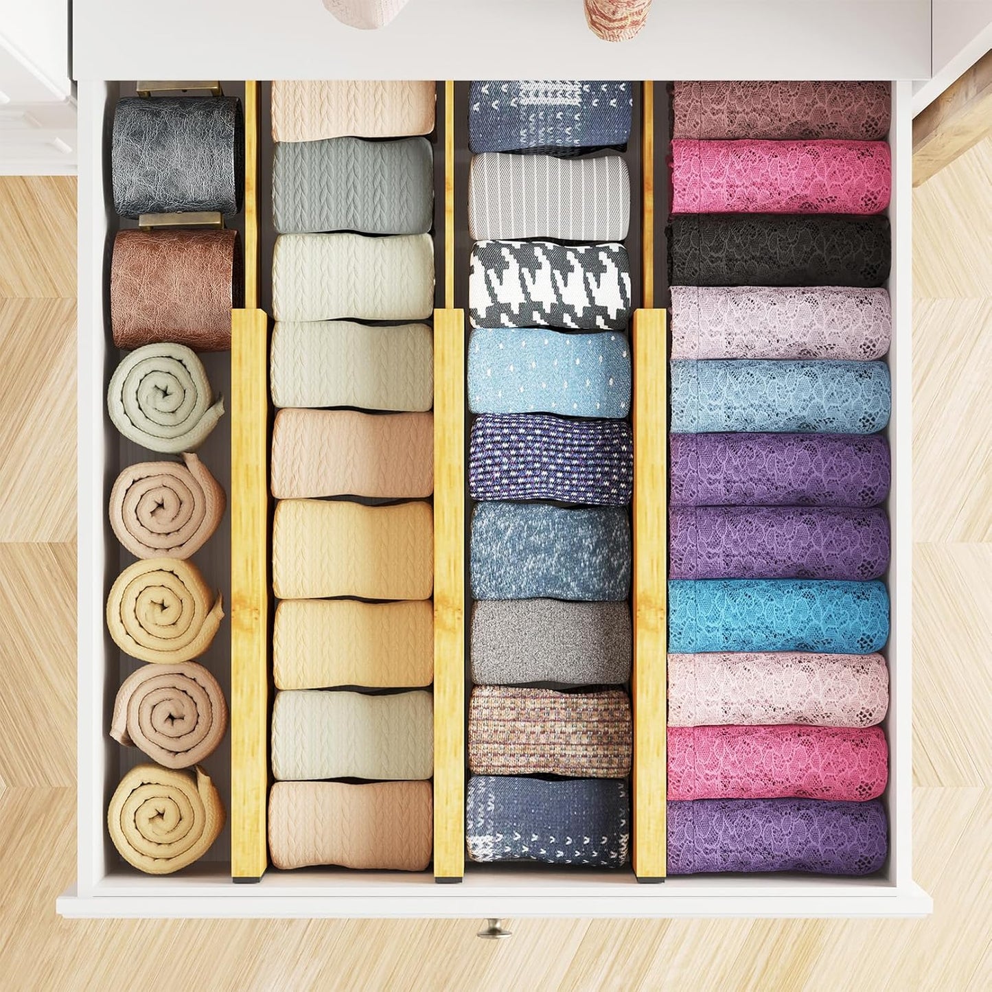 Bamboo Dresser Drawer Dividers 6 Pack, 4.65“ High Adjustable 12.5“-17” Drawer Organizers