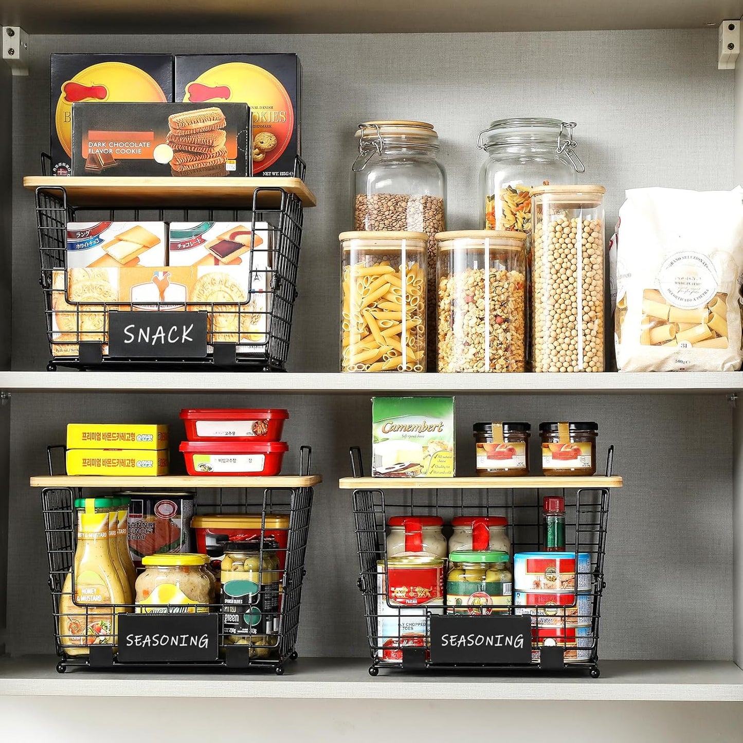 2 Set Large Stackable Wire Basket with Bamboo Tops & Tag- Pantry Organizer and Storage Bins