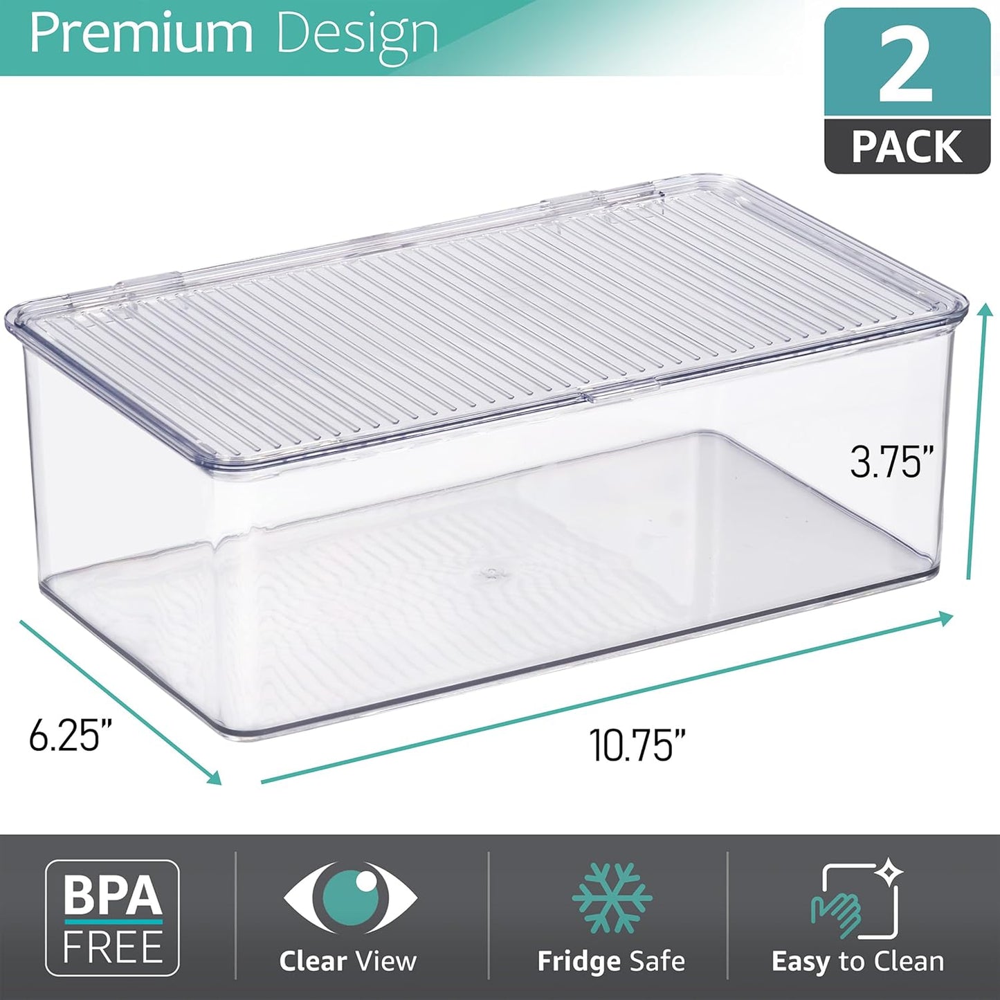 Pantry Storage Organizer with Lids- Clear Plastic Refrigerator Organizer Bins- Multi Purpose & Versatile Stackable Cabinet Organizers- Cosmetics, Laundry, Office Supplies Food Organizer- 2 Pack