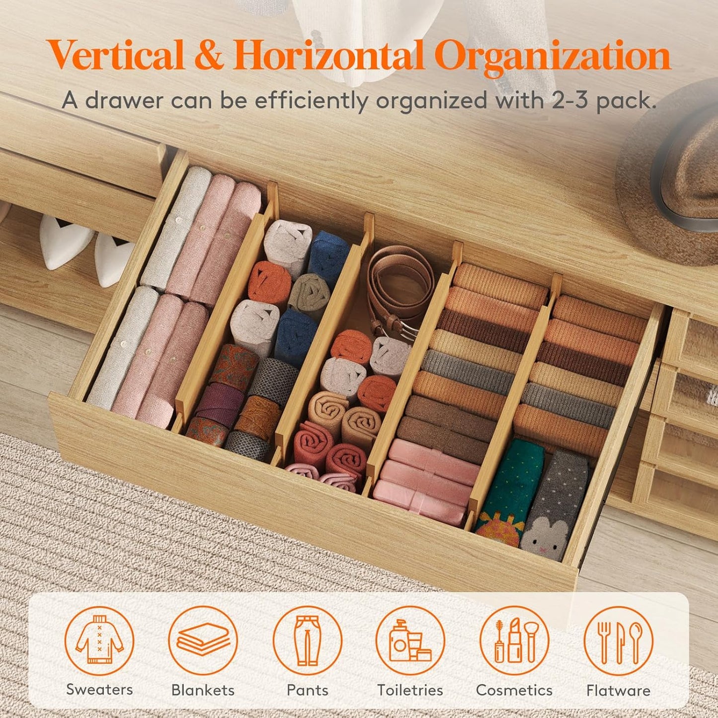 6" High 8 Pack Bamboo Drawer Dividers 45-55cm/17.5-22" Adjustable Wooden Drawer Organizer for Clothes/Utensils, Expandable Drawer Separator for Dresser/Kitchen/Bedroom/Office Organization
