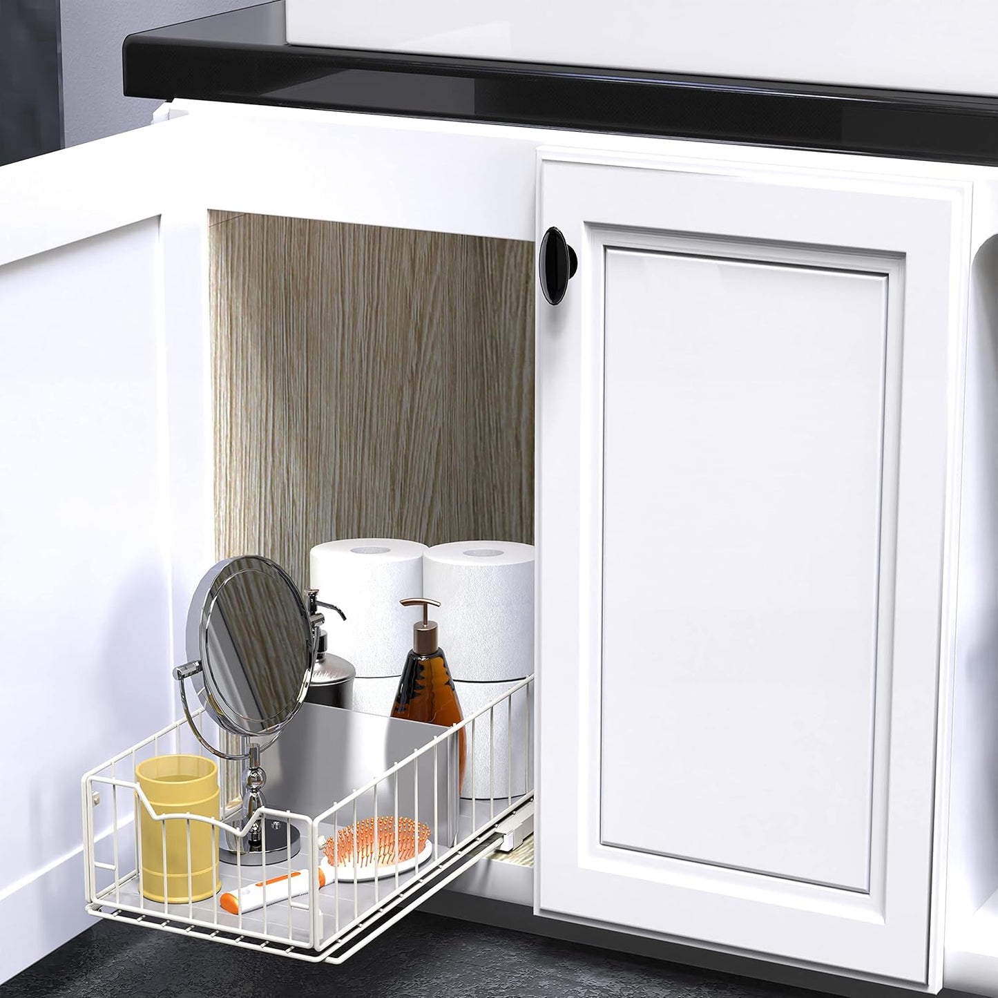 Pull-Out Cabinet Sliding Basket Organizer, 17.2" D x 9.7" W x 5" H – White