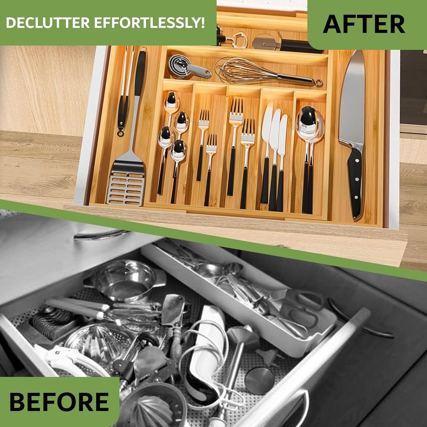 Bamboo Kitchen Drawer Organizer, Expandable Wood Utensil Tray