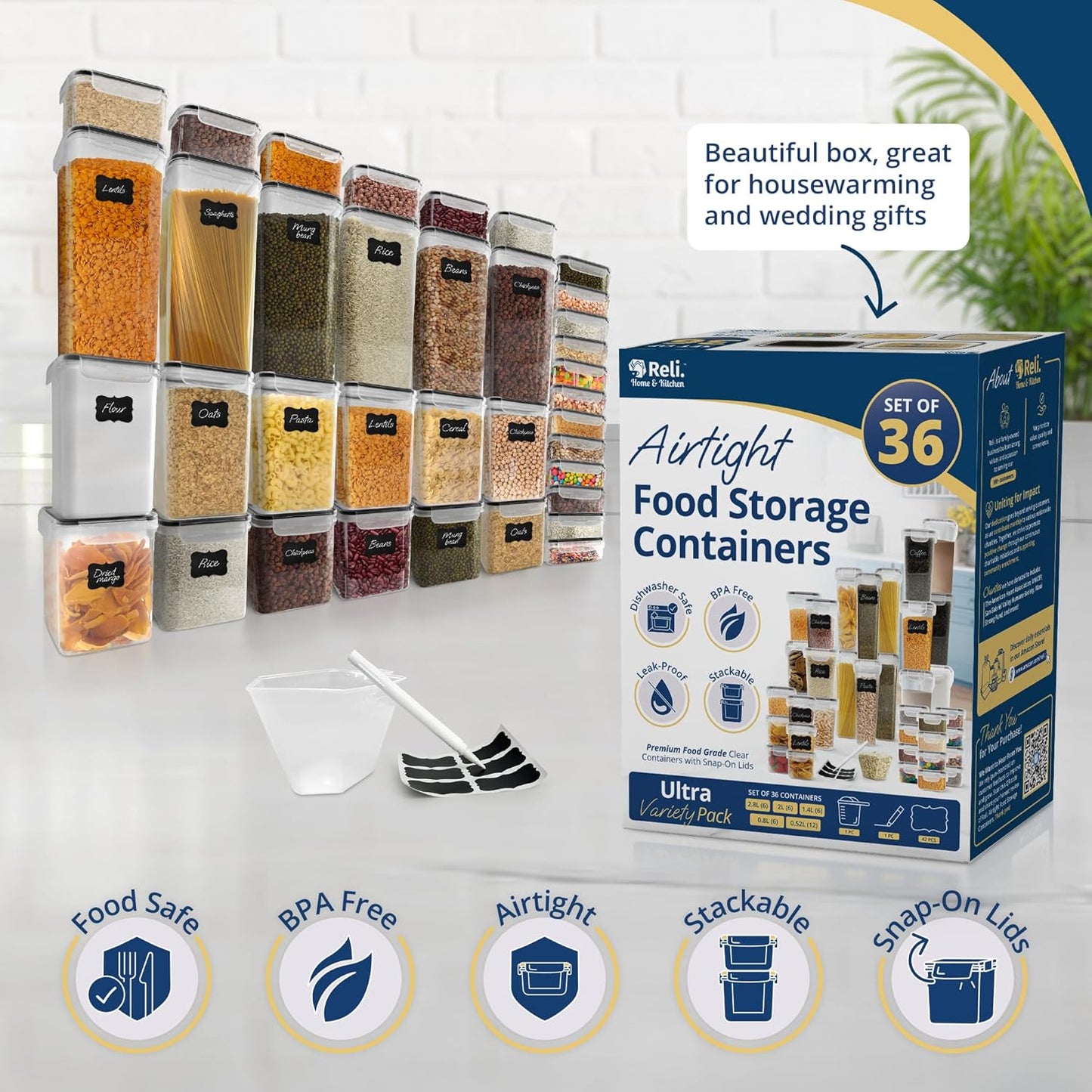 Airtight Food Storage Containers with Lids (36 Sets) | Kitchen Organizers and Storage Pantry Organizers | BPA Free Plastic Food Containers | Ultra Variety Pack w/Measuring Cup, 42 Labels, Pen