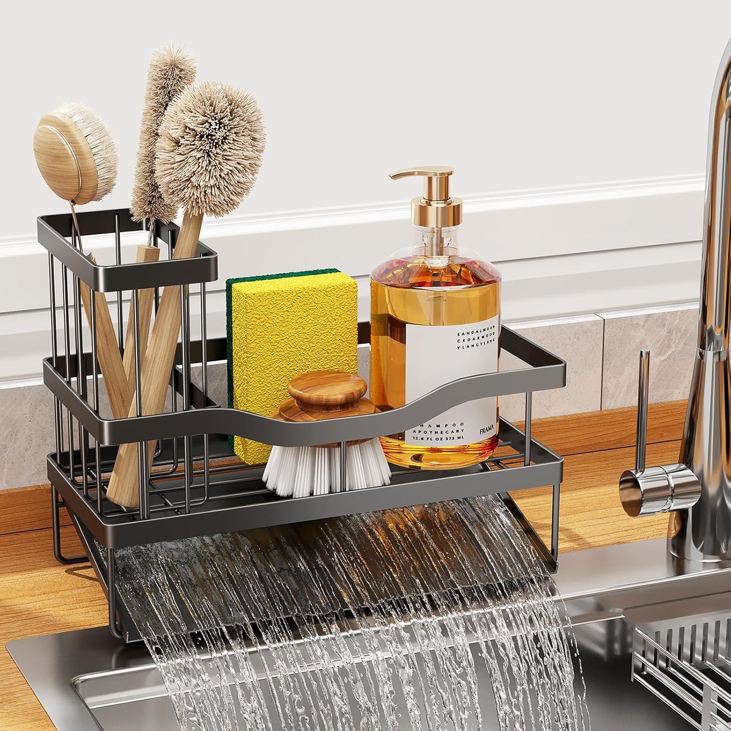 Sponge Holder for Kitchen Sink, Mecyfaty Sink Caddy with Self Drain Tray, Kitchen Sink Organizer