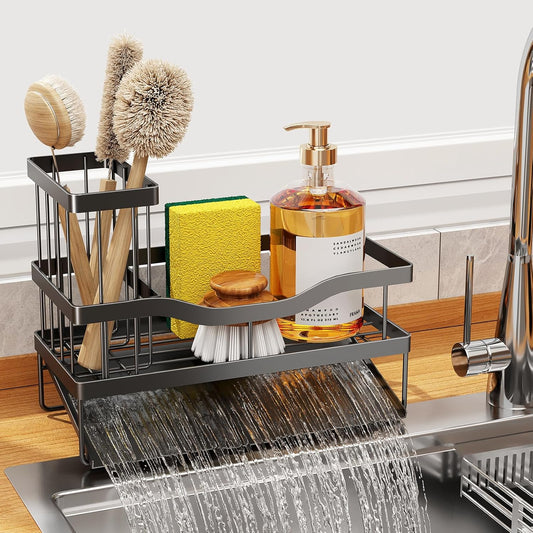 Sponge Holder for Kitchen Sink, Mecyfaty Sink Caddy with Self Drain Tray, Kitchen Sink Organizer