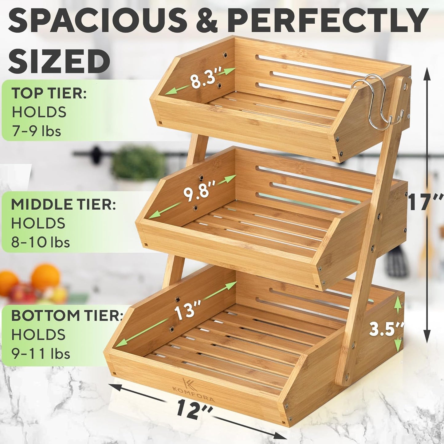 Bamboo Fruit Basket 3-Tier - Premium Produce Basket for Kitchen w/ 2 Hangers