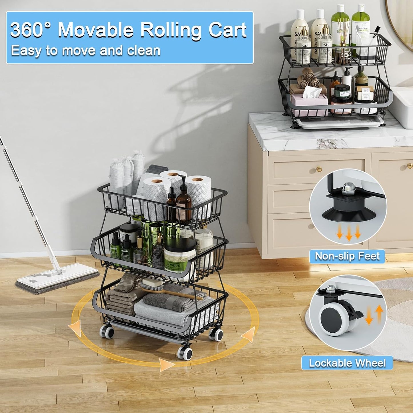 3-Tier Rolling Pantry Floor Organizer, Stackable Pantry Storage Cart with Wheels