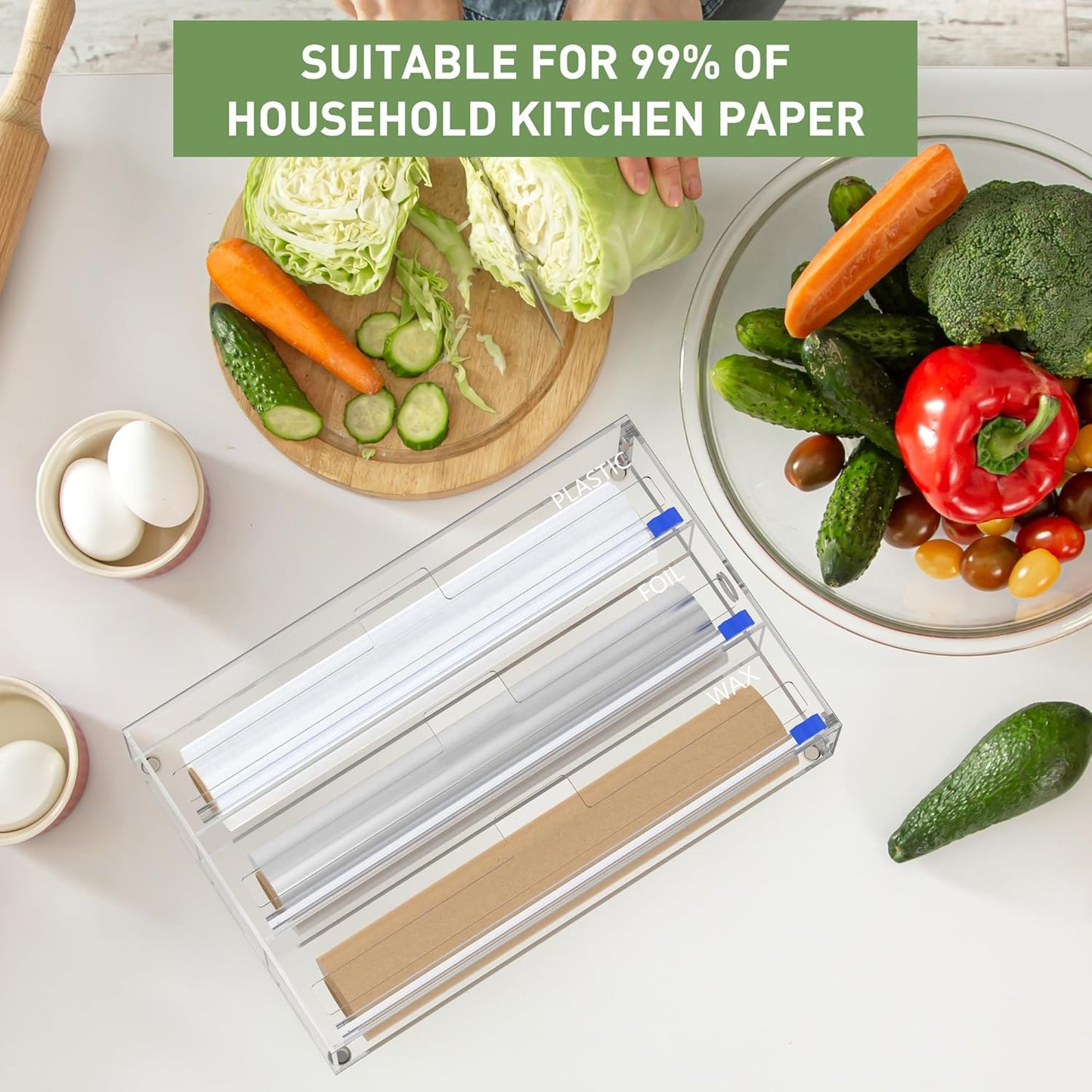 Kitchen Wrap Organizer, Foil and Plastic Wrap Organizer 3 in 1 with Sliding Cutter