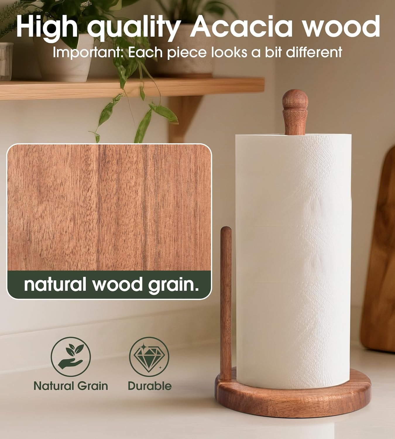 Farmhouse Acacia Wood Paper Towel Holder Countertop, Weighted Base for Kitchen & Bathroom